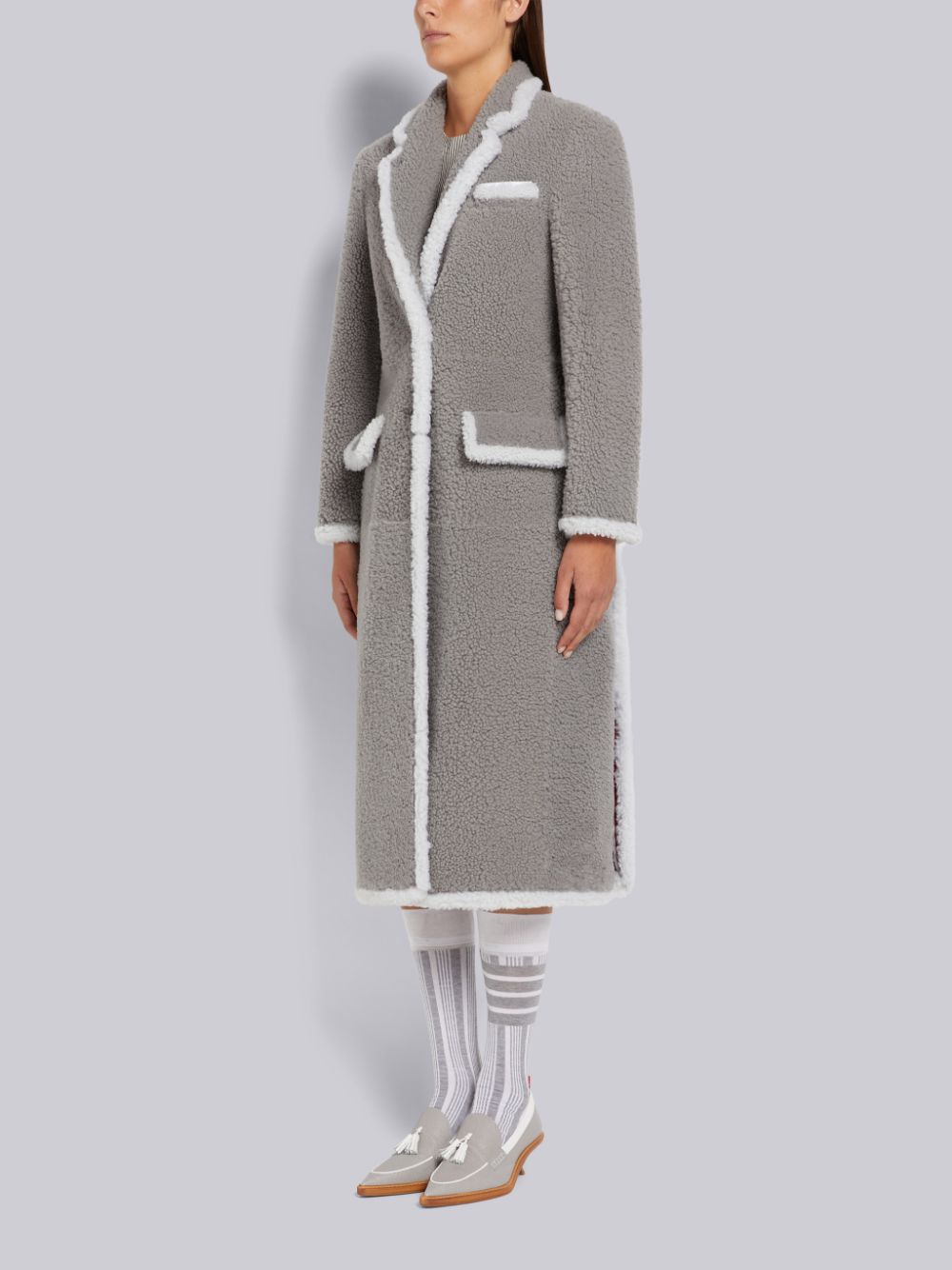 Thom Browne Medium Dyed Shearling Contrast Framing Wide Lapel Women Coats Grey | OXN63K24281