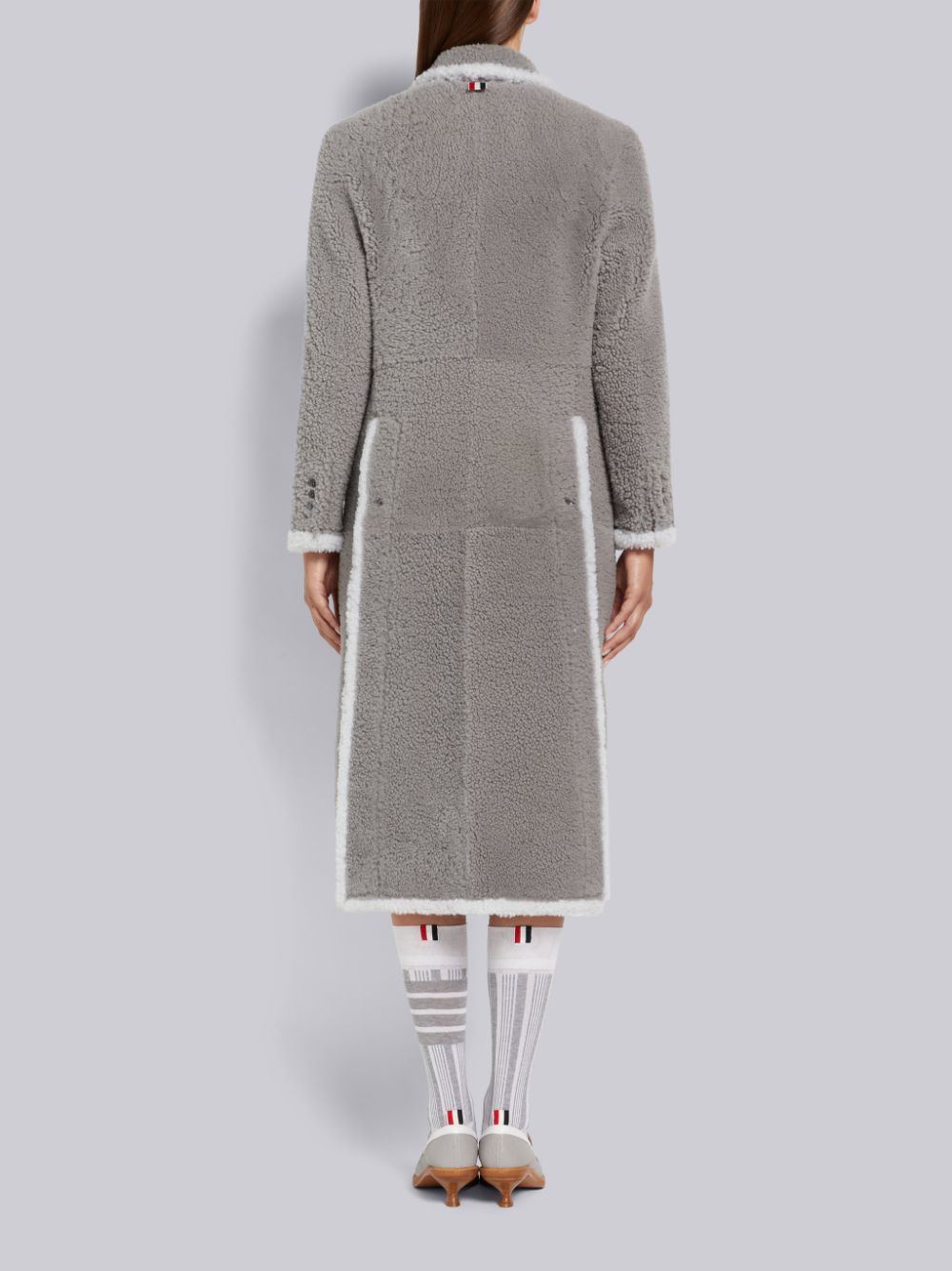 Thom Browne Medium Dyed Shearling Contrast Framing Wide Lapel Women Coats Grey | OXN63K24281