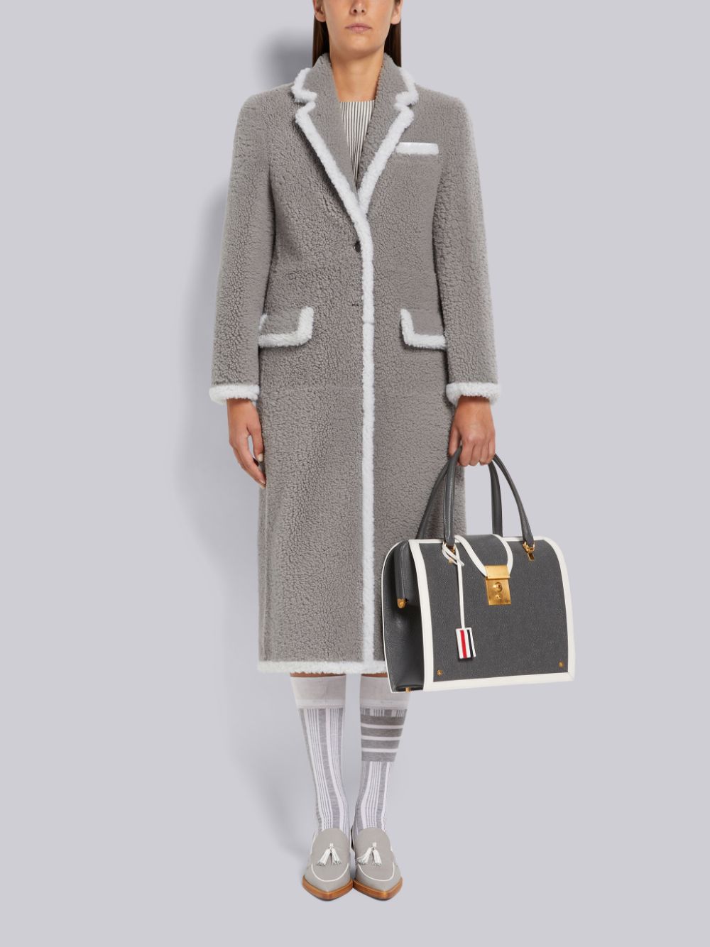 Thom Browne Medium Dyed Shearling Contrast Framing Wide Lapel Women Coats Grey | OXN63K24281