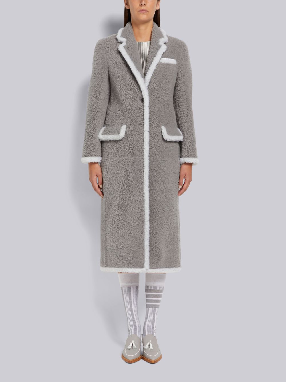 Thom Browne Medium Dyed Shearling Contrast Framing Wide Lapel Women Coats Grey | OXN63K24281