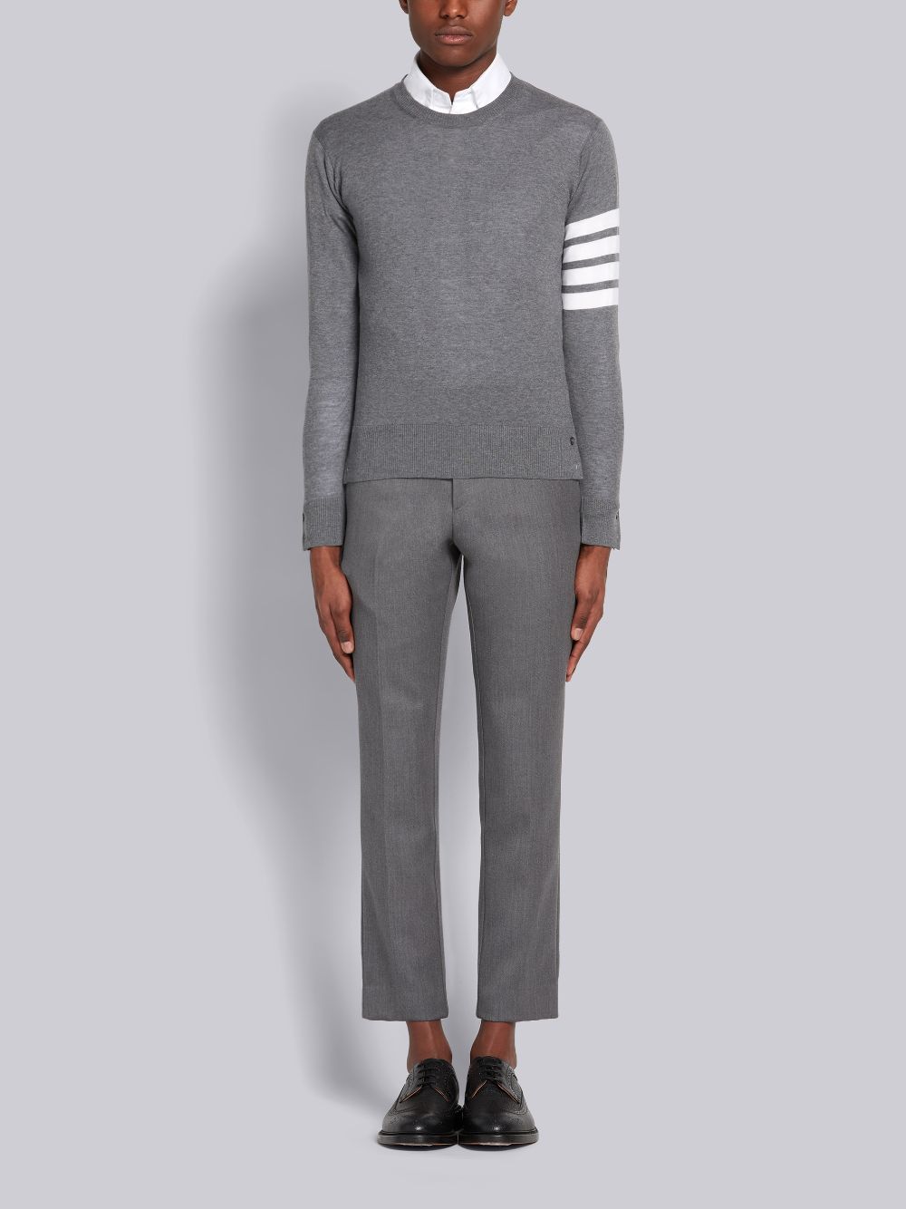 Thom Browne Medium Fine Merino Wool 4-Bar Crew Neck Men Pullover Grey | RUY83H99079