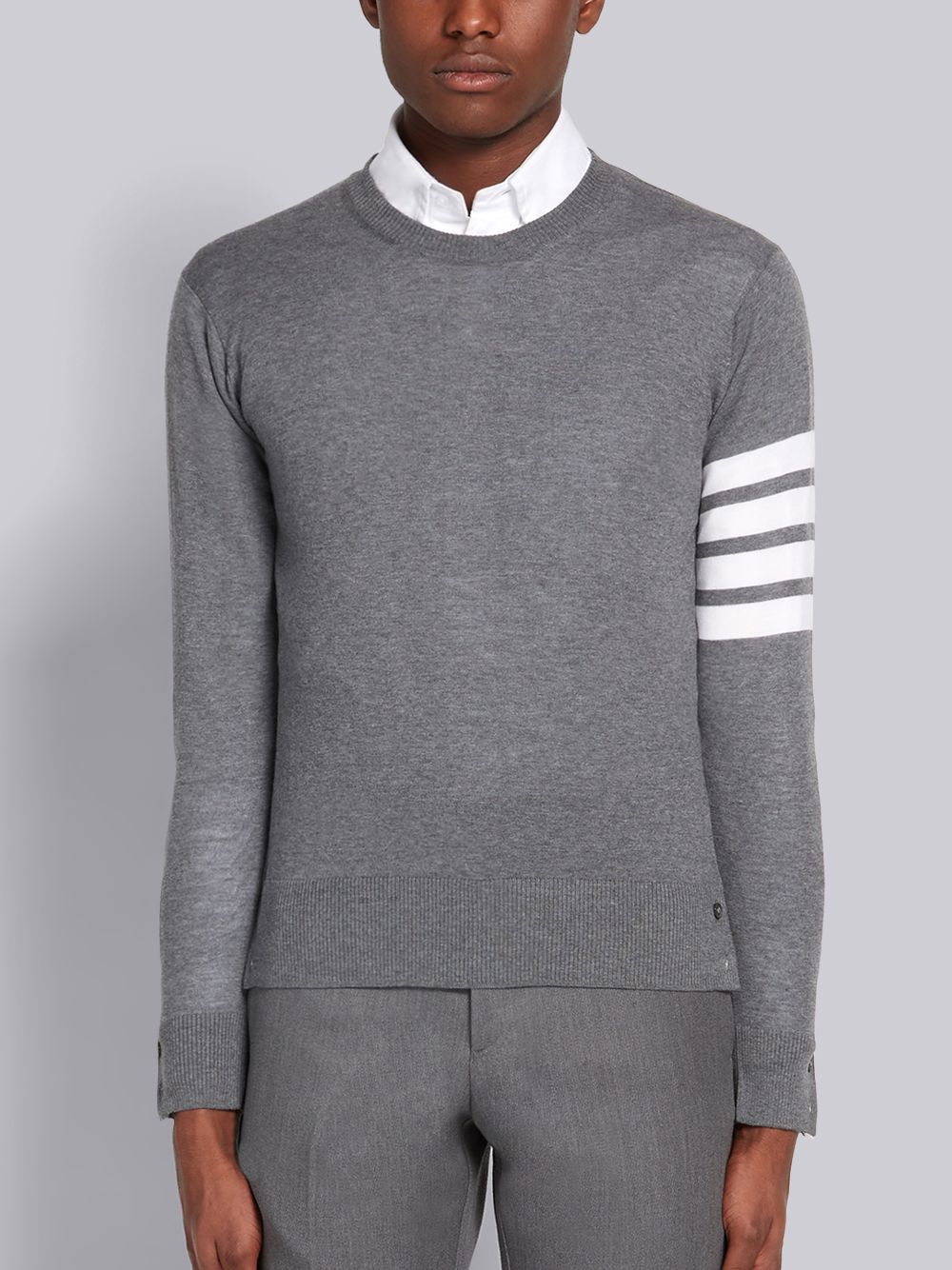 Thom Browne Medium Fine Merino Wool 4-Bar Crew Neck Men Pullover Grey | RUY83H99079