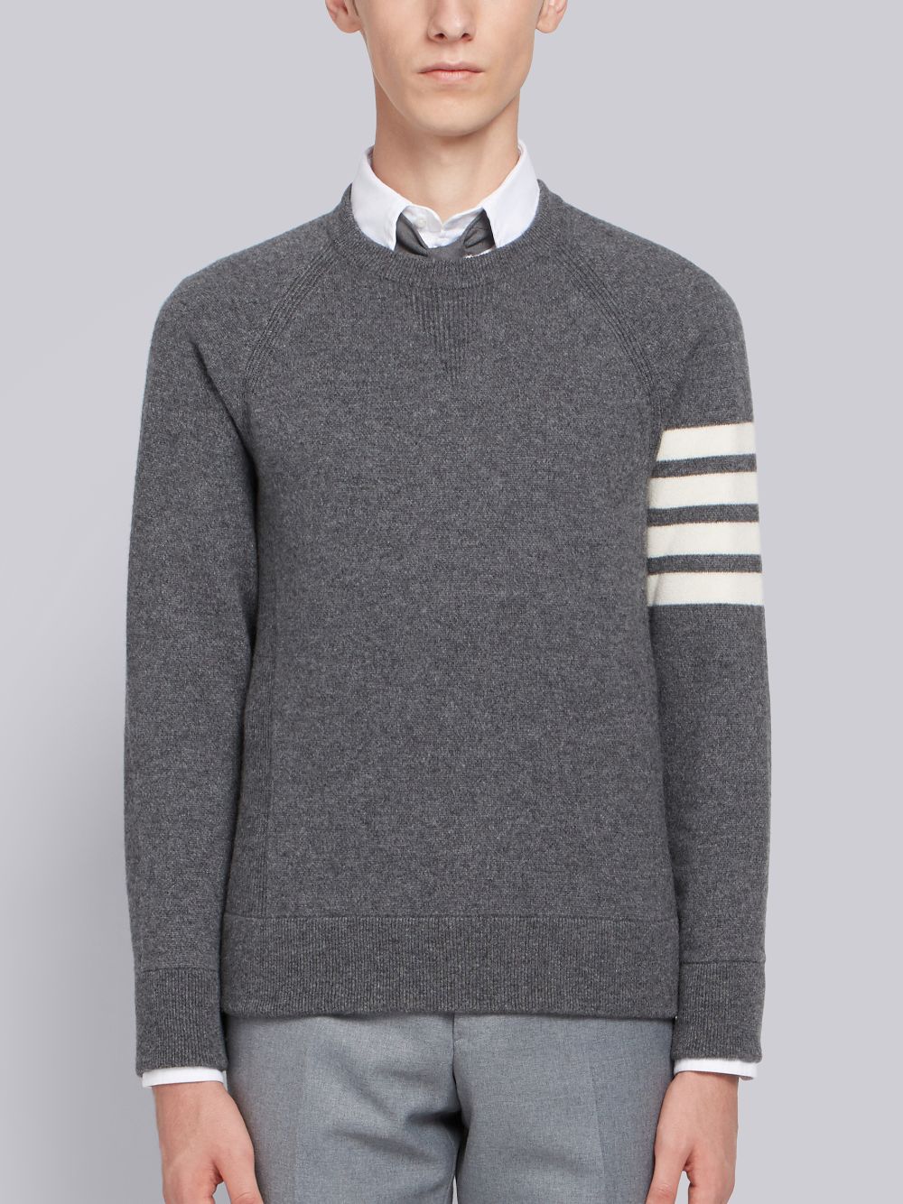 Thom Browne Medium French Terry Cashmere 4-Bar Crewneck Men Pullover Grey | HYG86O64635