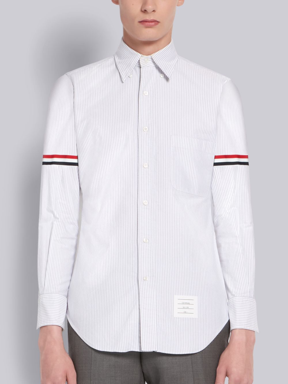 Thom Browne Medium Oxford Cotton University Stripe Grosgrain Armband Men Shirts White | PWT46J42334