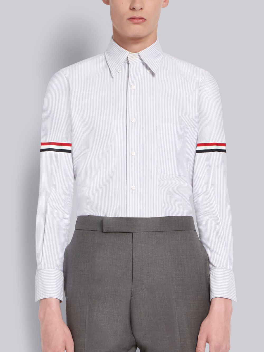 Thom Browne Medium Oxford Cotton University Stripe Grosgrain Armband Men Shirts White | PWT46J42334