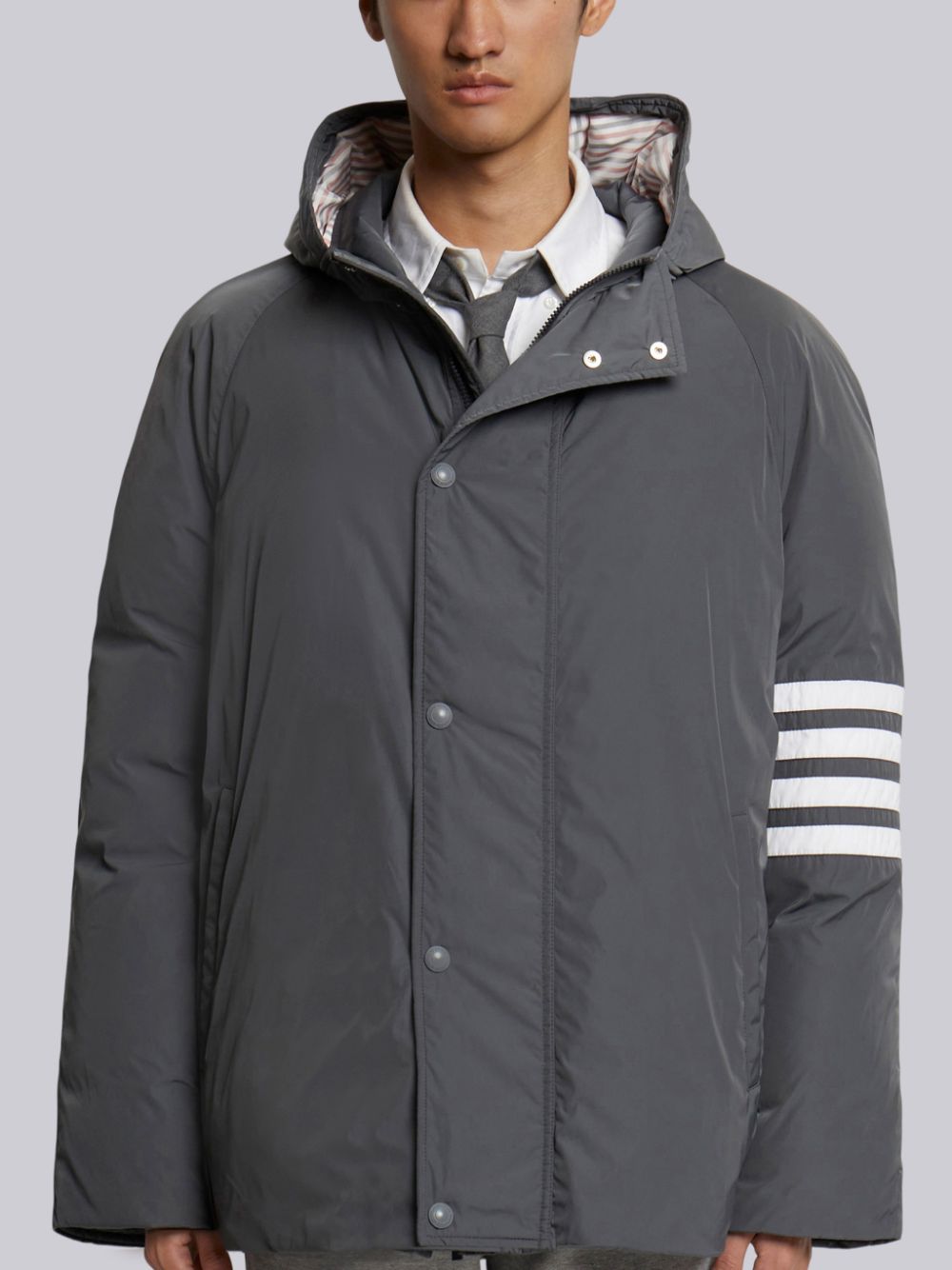 Thom Browne Medium Poly Twill 4-bar Sideline Football Men Parka Grey | LYT52U44390