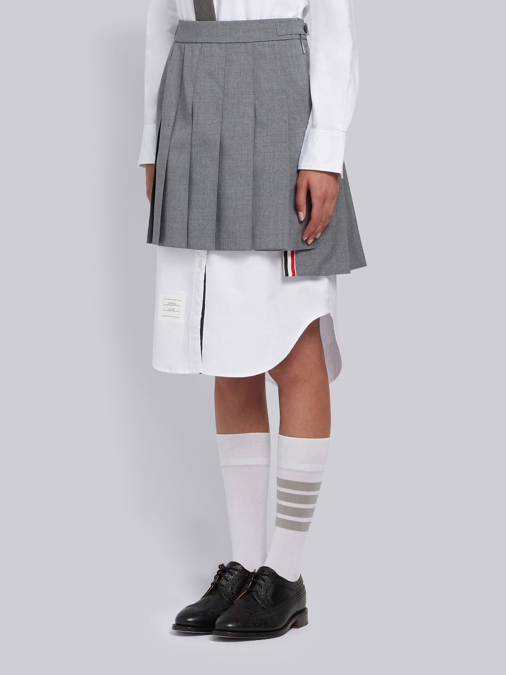 Thom Browne Medium School Uniform Plain Weave Grosgrain Stripe Dropped Back Pleated Mini Women Skirts Grey | GUJ58N97151