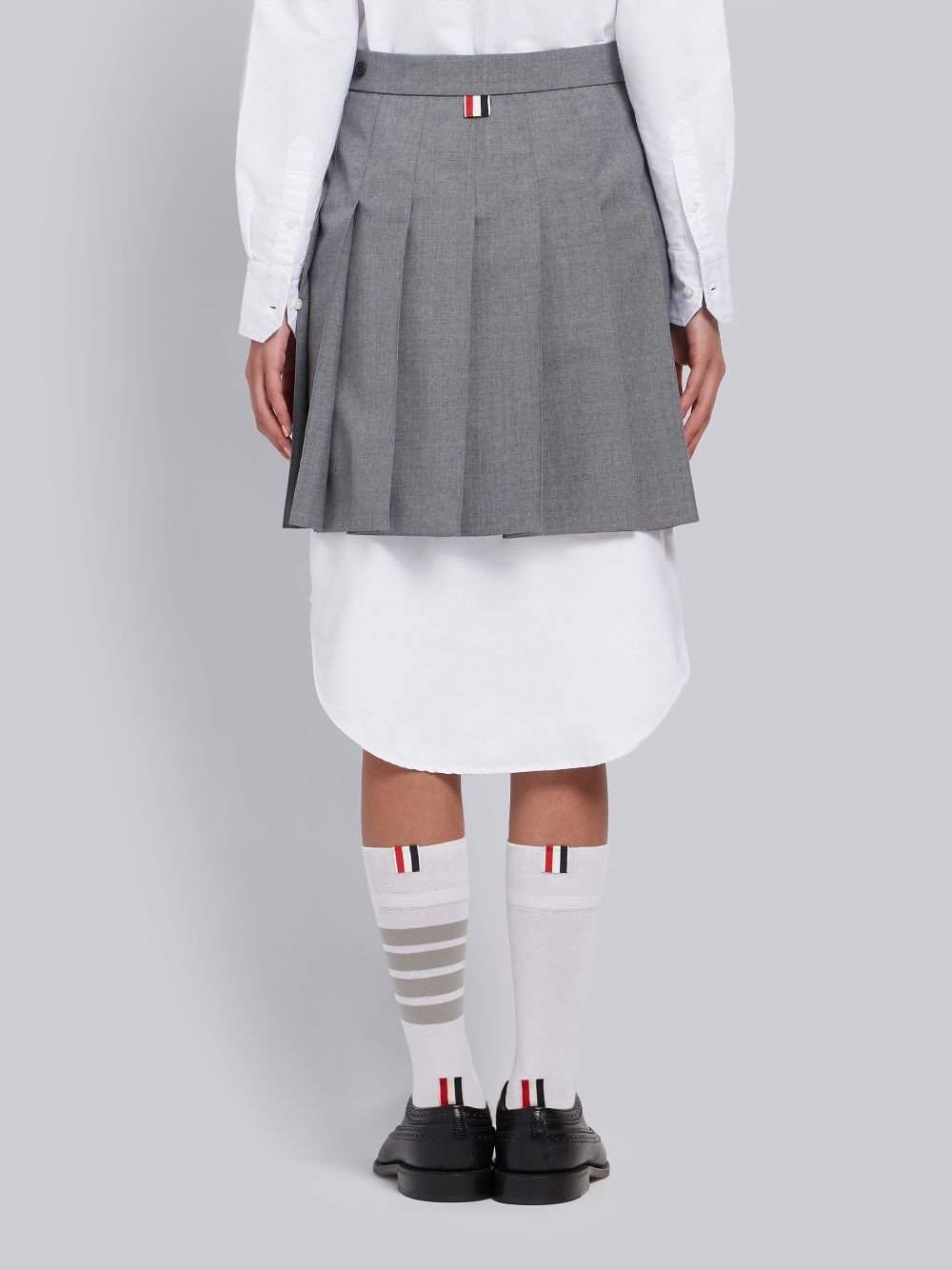 Thom Browne Medium School Uniform Plain Weave Grosgrain Stripe Dropped Back Pleated Mini Women Skirts Grey | GUJ58N97151