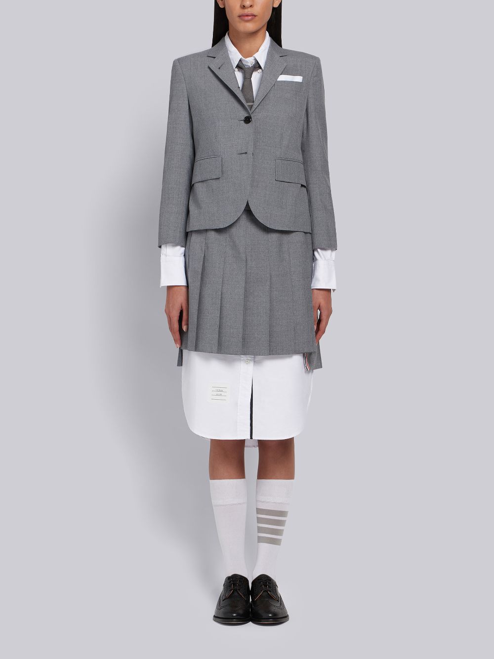 Thom Browne Medium School Uniform Plain Weave Grosgrain Stripe Dropped Back Pleated Mini Women Skirts Grey | GUJ58N97151