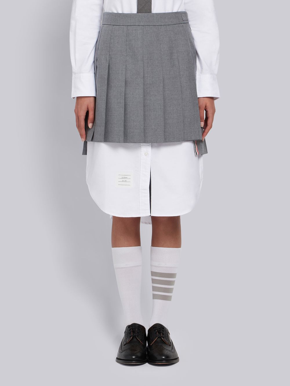 Thom Browne Medium School Uniform Plain Weave Grosgrain Stripe Dropped Back Pleated Mini Women Skirts Grey | GUJ58N97151