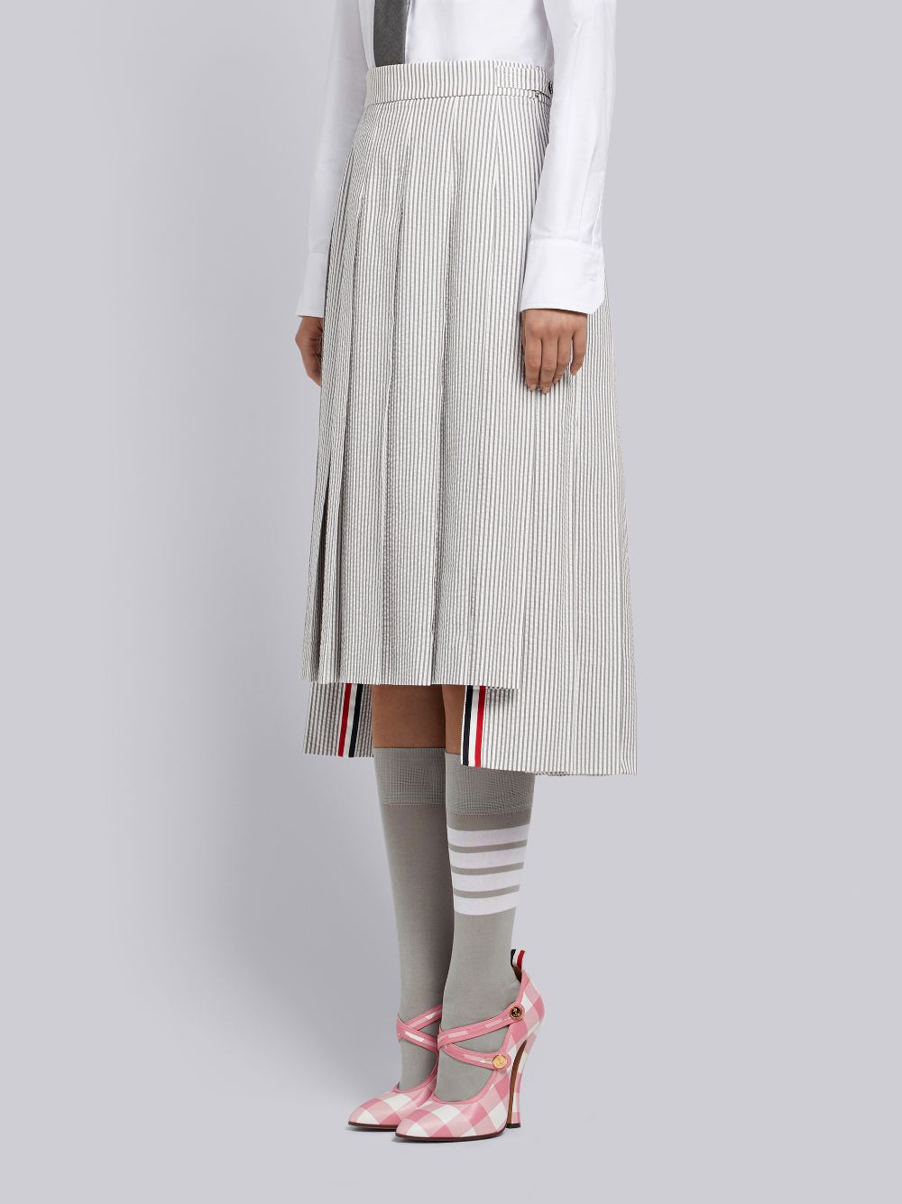 Thom Browne Medium Seersucker Below-the-knee Pleated Women Skirts Grey | WMY34T36930