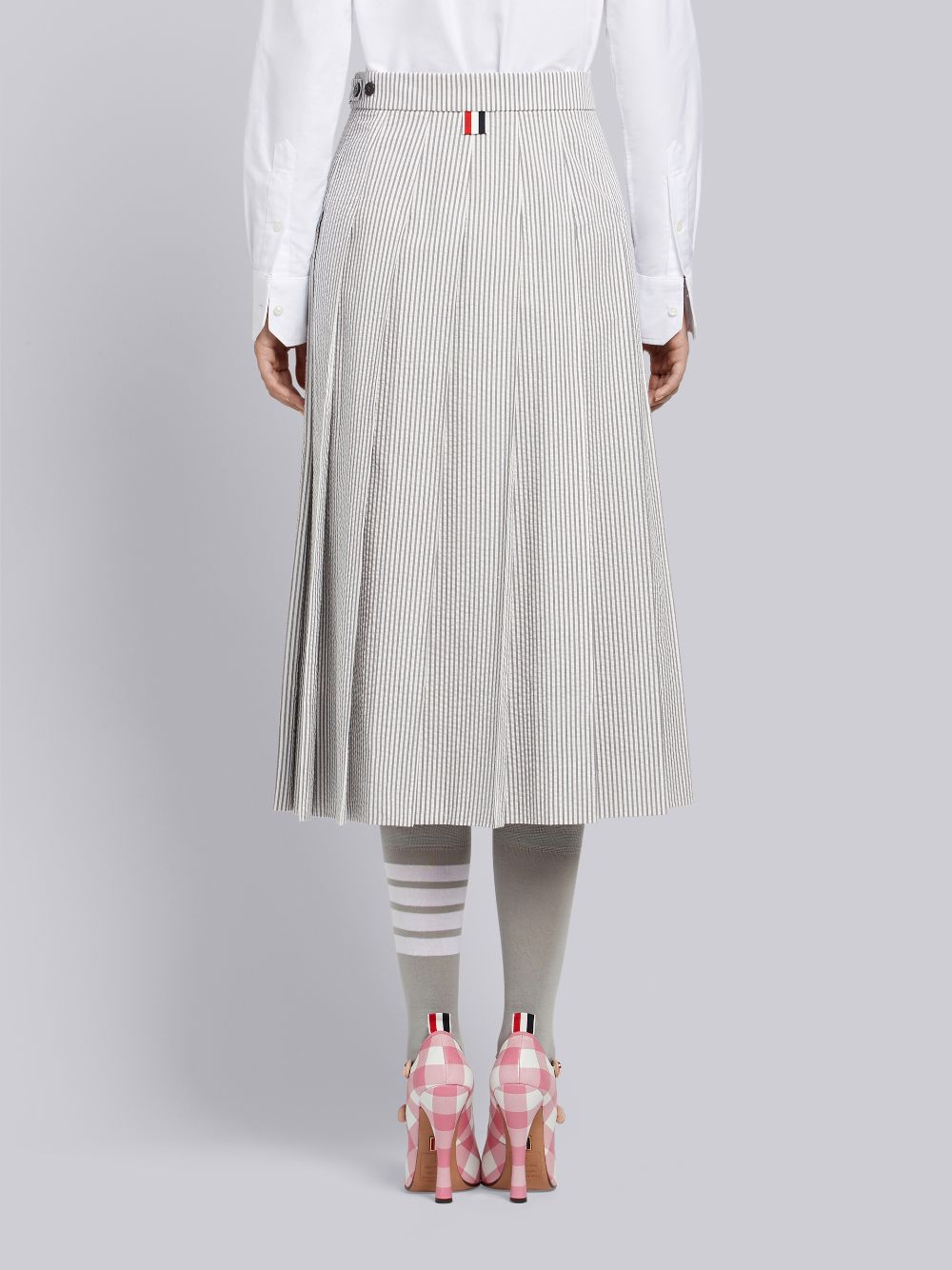 Thom Browne Medium Seersucker Below-the-knee Pleated Women Skirts Grey | WMY34T36930