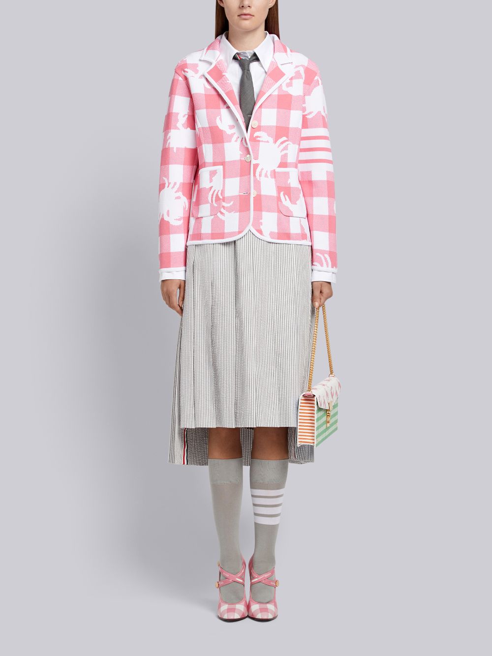 Thom Browne Medium Seersucker Below-the-knee Pleated Women Skirts Grey | WMY34T36930