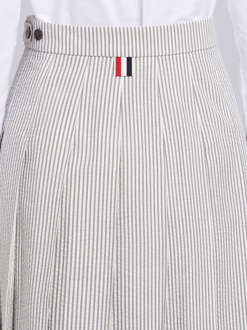 Thom Browne Medium Seersucker Below-the-knee Pleated Women Skirts Grey | WMY34T36930