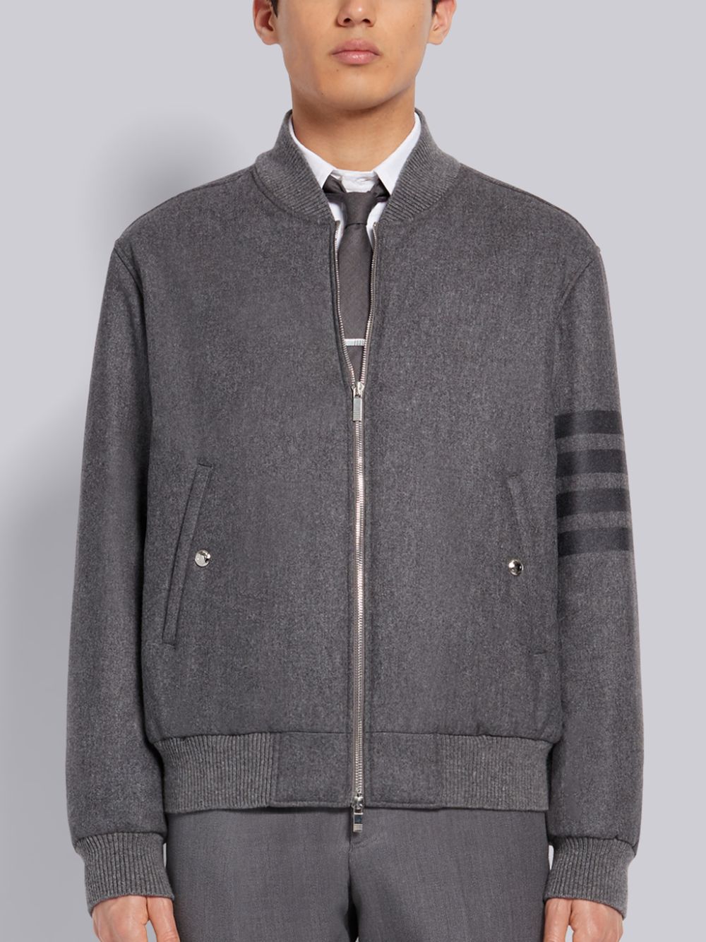 Thom Browne Medium Tech Down Wool Flannel Tonal 4-Bar Relaxed Blouson Men Jackets Grey | LCF63J89767