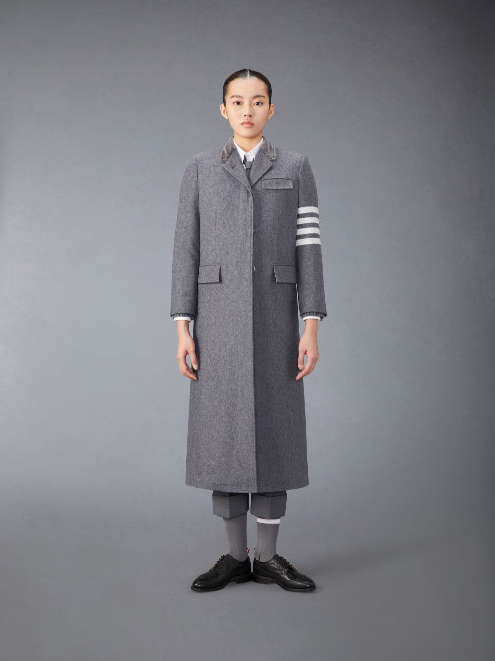 Thom Browne Melton Wool 4-Bar Chesterfield Women Coats Grey | HXA50J86849