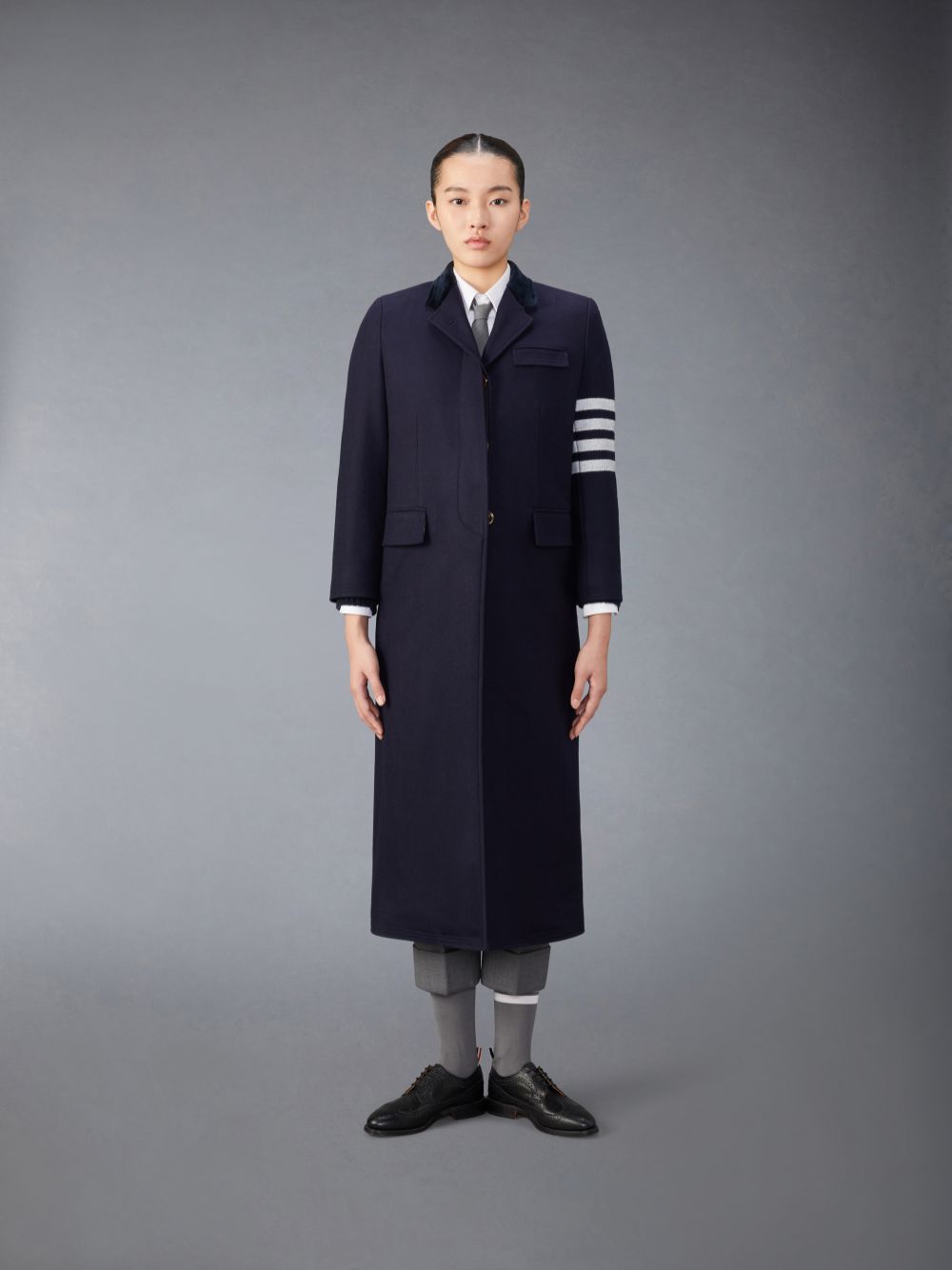 Thom Browne Melton Wool 4-Bar Chesterfield Women Coats Navy | VIN09P08265