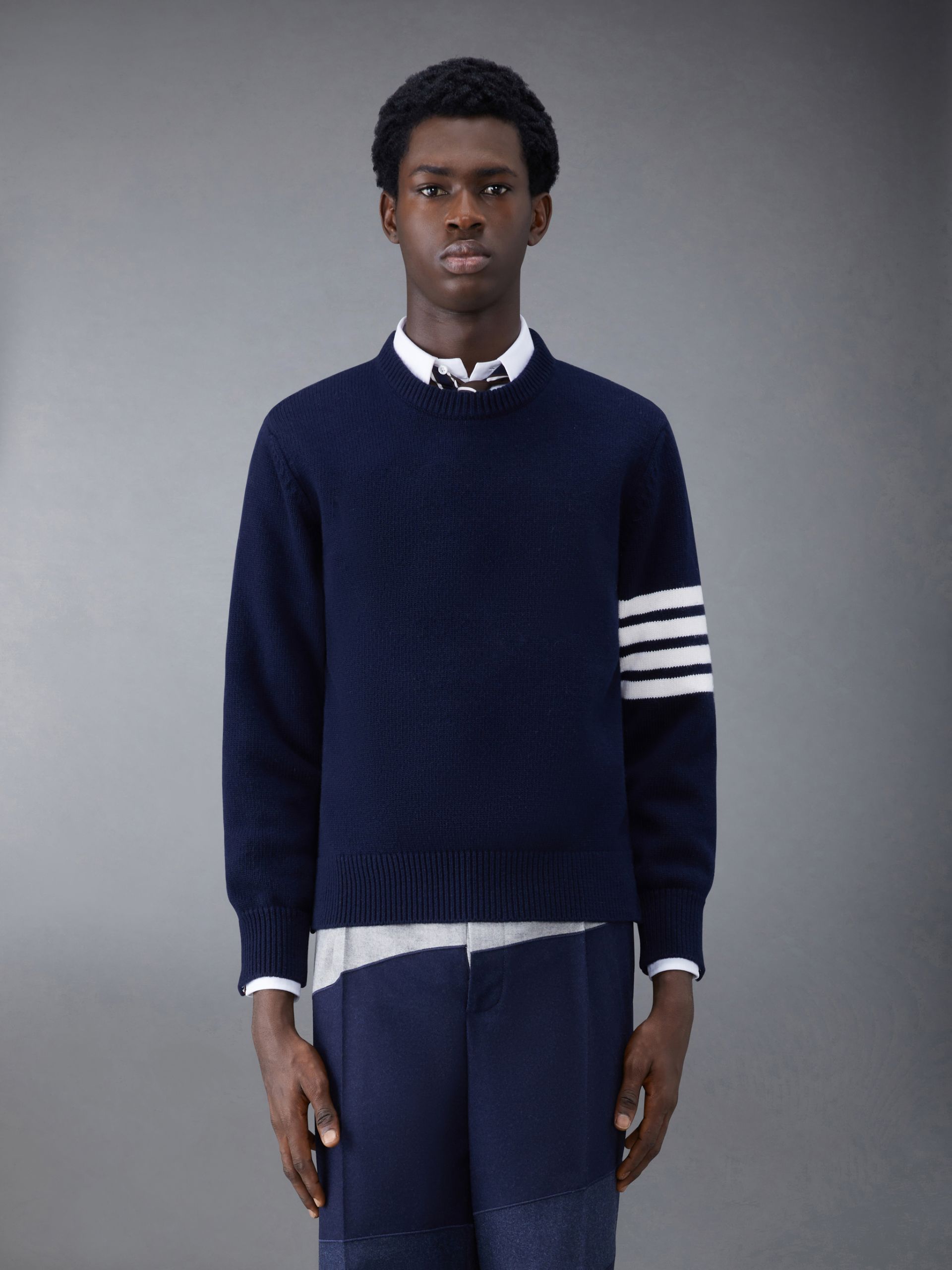 Thom Browne Merino Jersey 4-Bar Crew Neck Men Pullover Blue | JRS37B29309