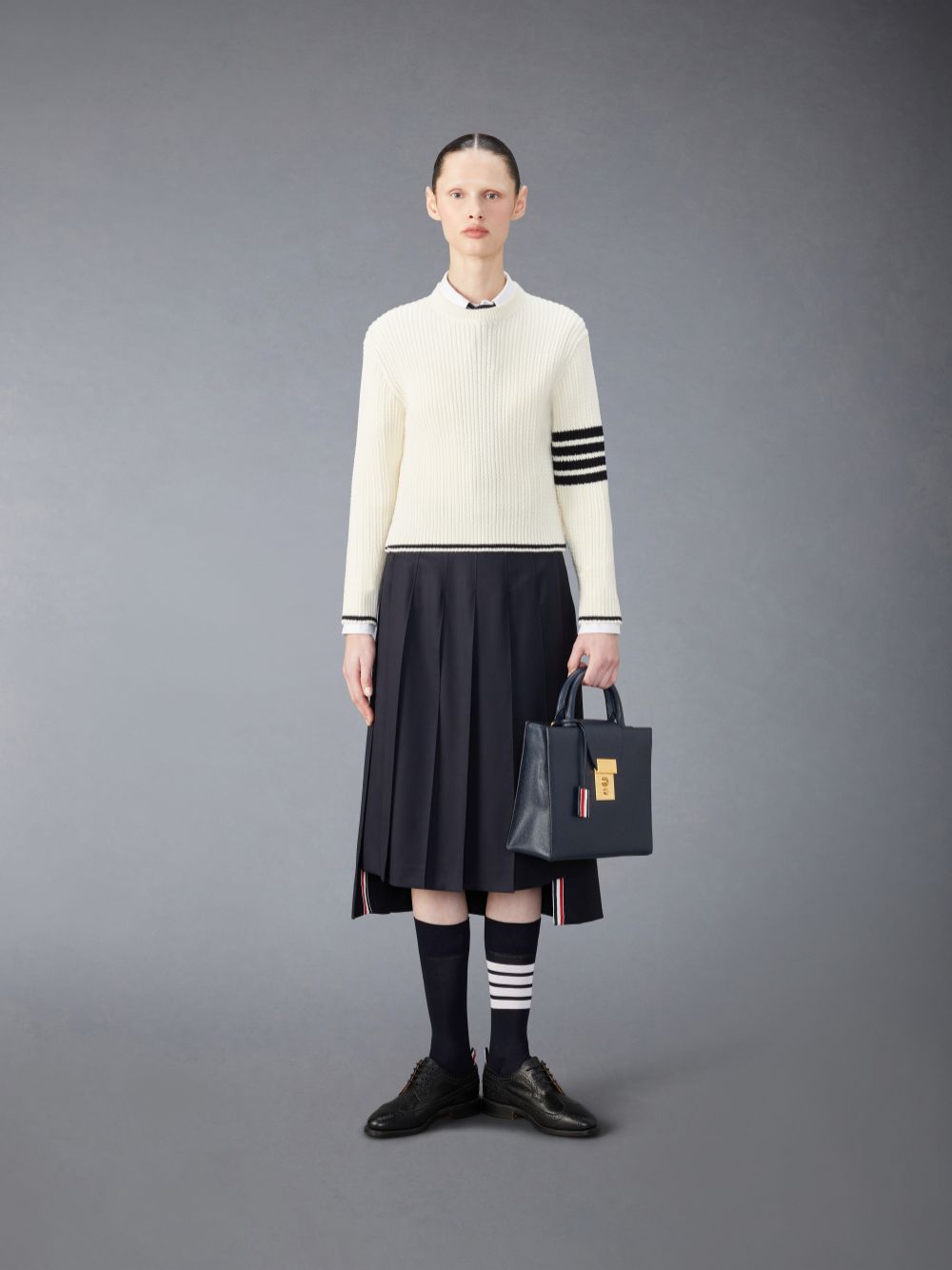 Thom Browne Merino Wool 4-Bar Cropped Cable Women Pullover White | KFA16A18942