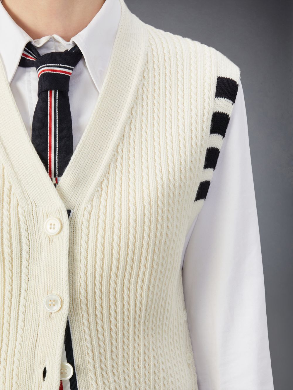 Thom Browne Merino Wool 4-Bar Cropped Cable Cardigan Women Vest White | XOS49B01794