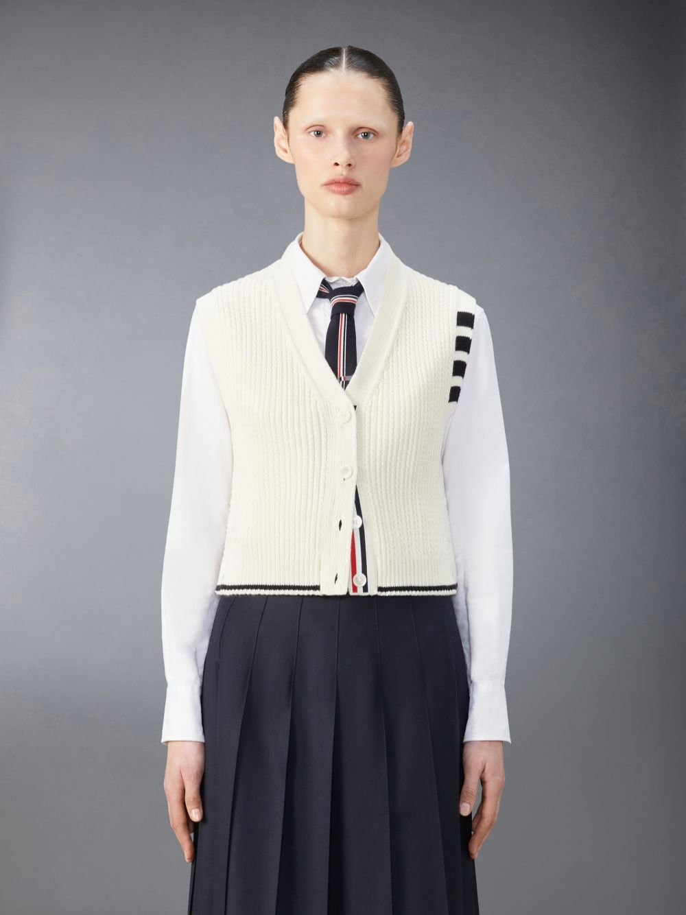 Thom Browne Merino Wool 4-Bar Cropped Cable Cardigan Women Vest White | XOS49B01794