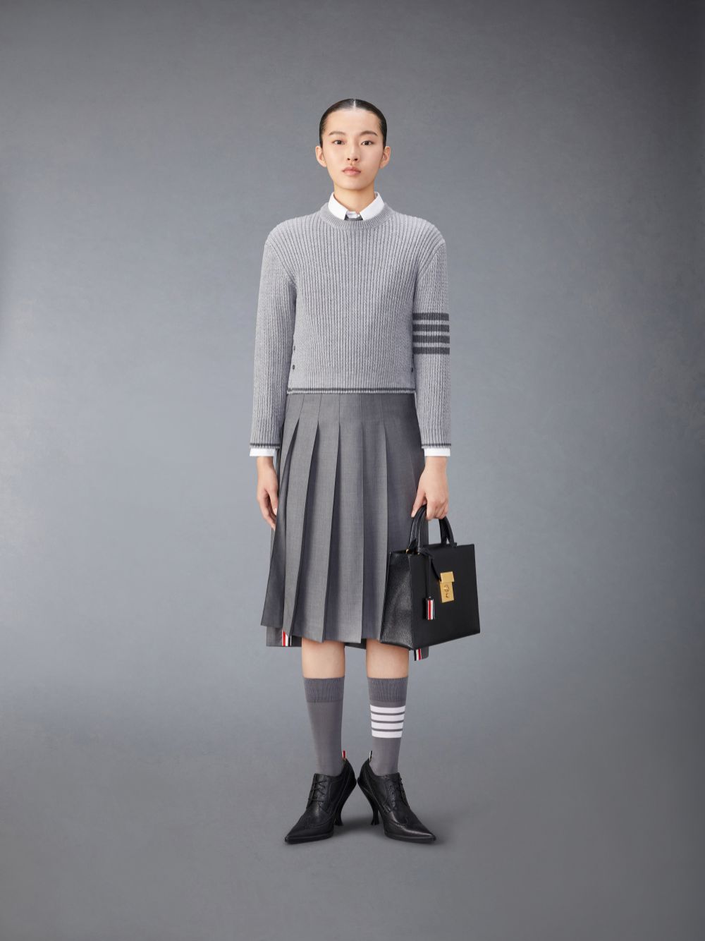 Thom Browne Merino Wool 4-Bar Cropped Cable Women Pullover Grey | RCS37U49670