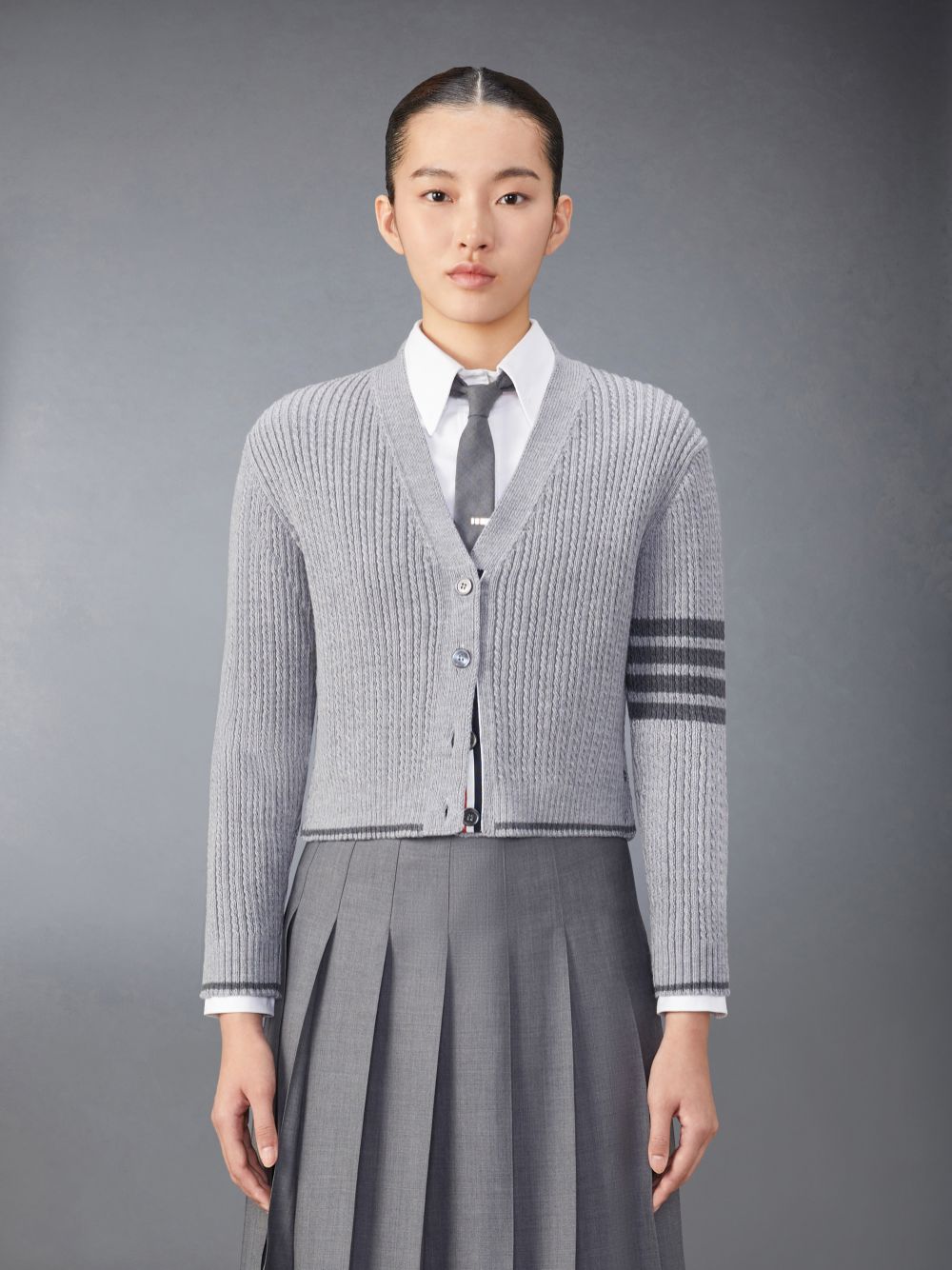 Thom Browne Merino Wool 4-Bar Cropped Women Cardigan Grey | XHW15G55413