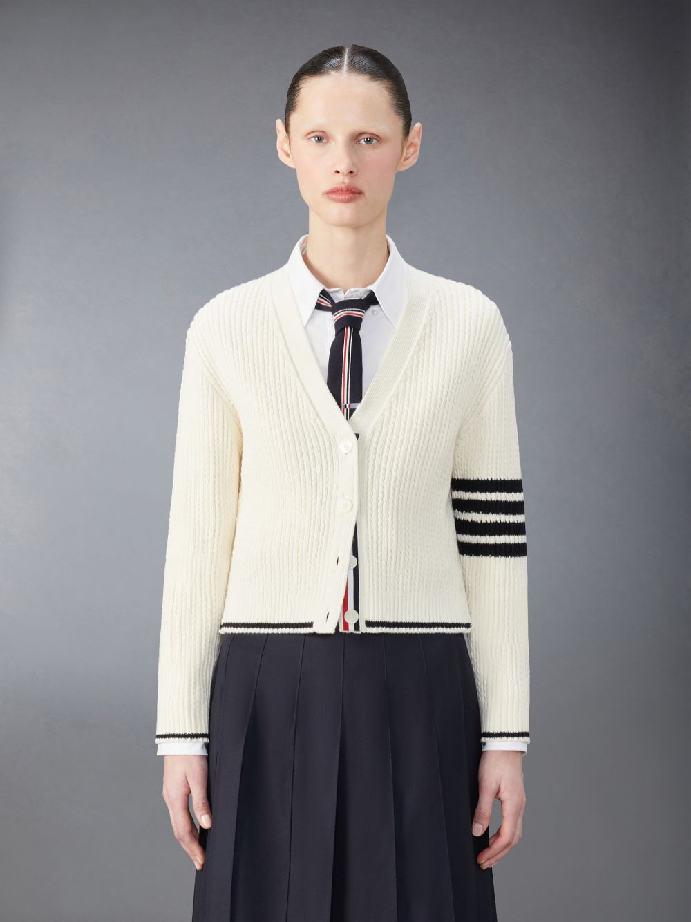 Thom Browne Merino Wool 4-Bar Cropped Women Cardigan White | VMU04O22024