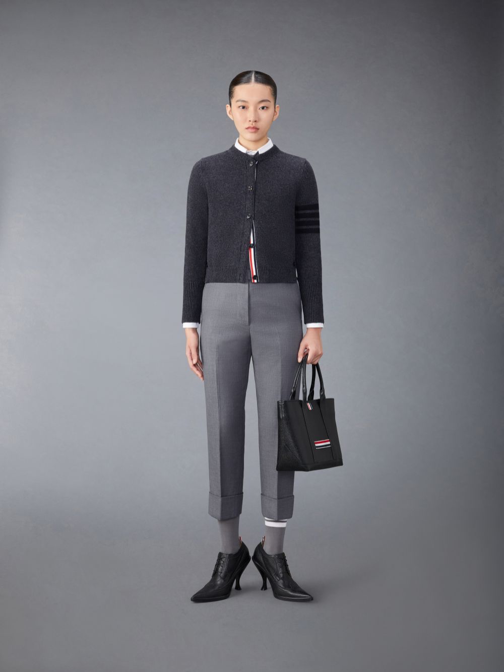 Thom Browne Merino Wool 4-Bar Raven Icon Women Cardigan Grey | NAN00G56008