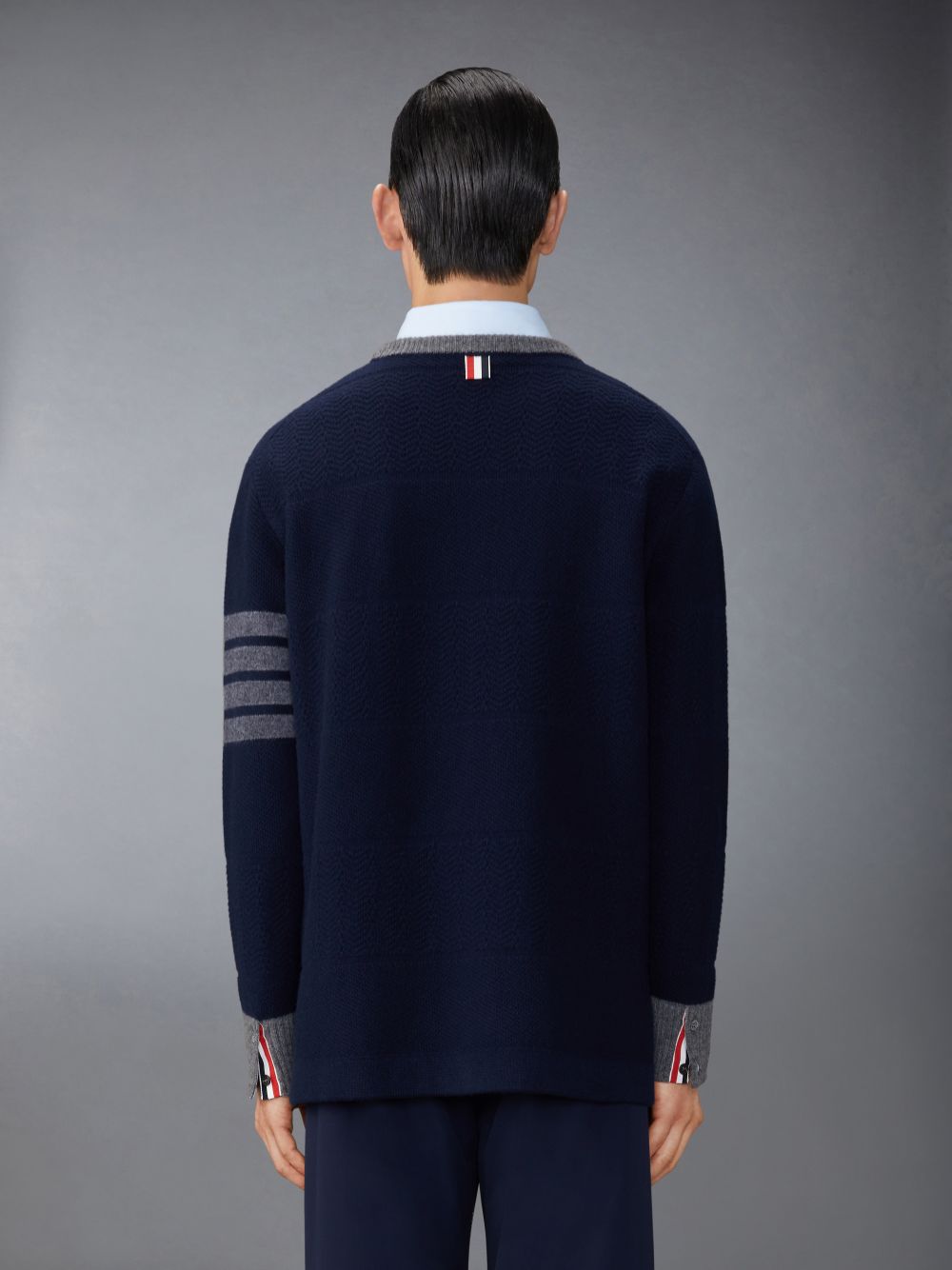 Thom Browne Merino Wool 4-Bar Textured Rugby Stripe Crew Neck Men Pullover Blue | MCU37X14652