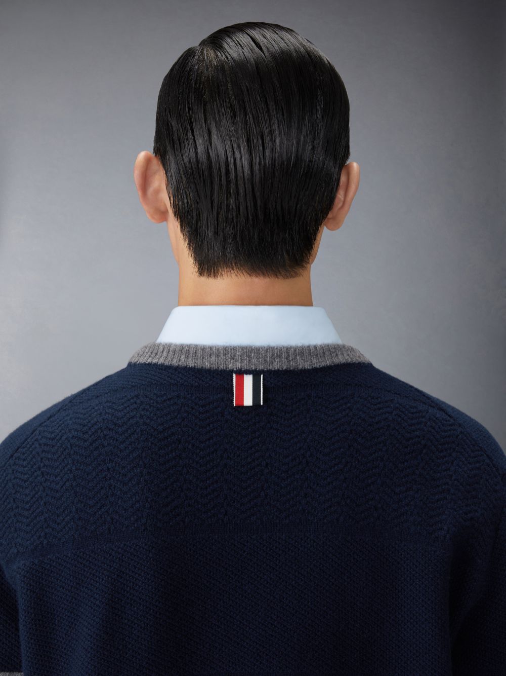 Thom Browne Merino Wool 4-Bar Textured Rugby Stripe Crew Neck Men Pullover Blue | MCU37X14652