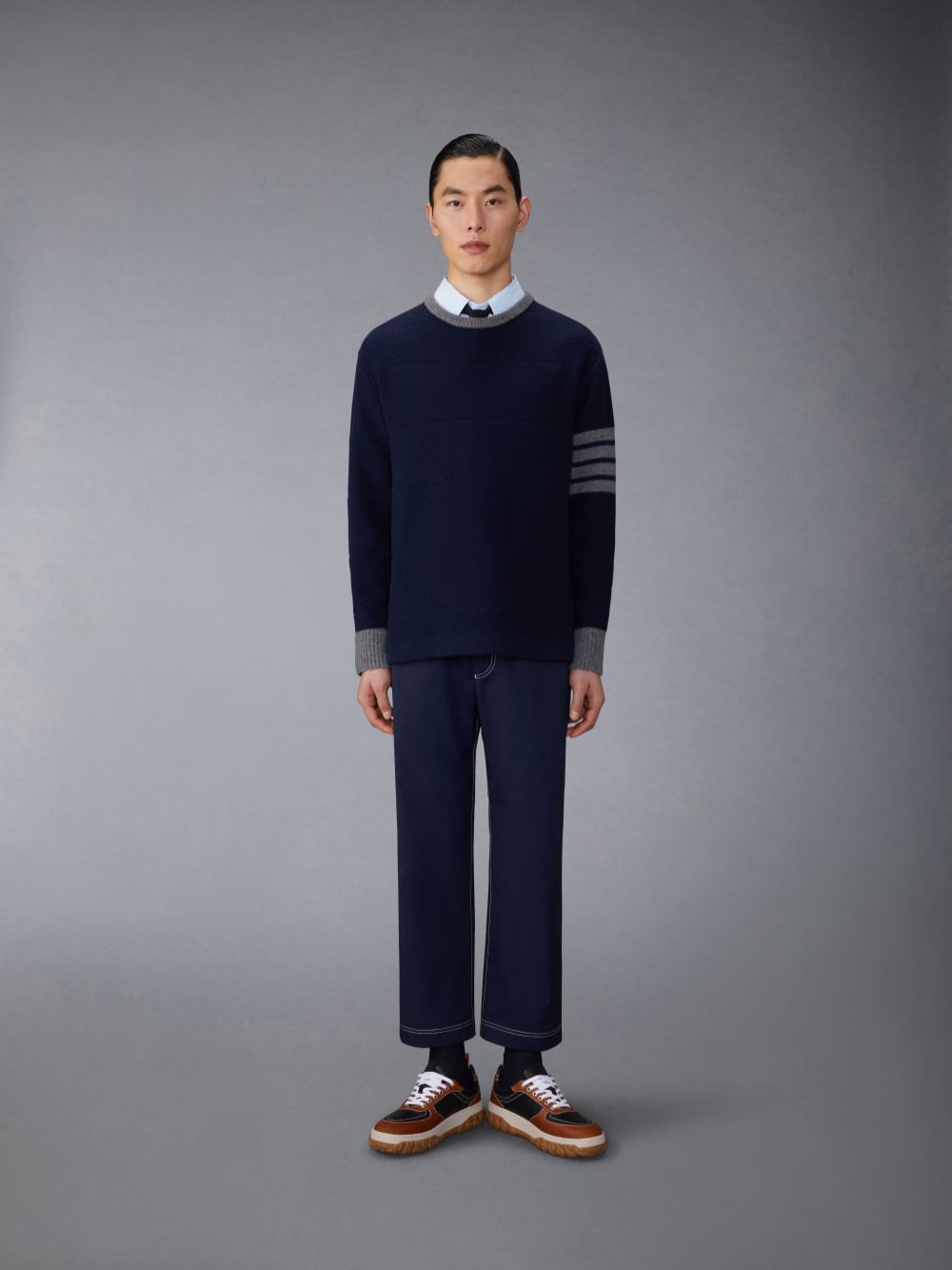 Thom Browne Merino Wool 4-Bar Textured Rugby Stripe Crew Neck Men Pullover Blue | MCU37X14652