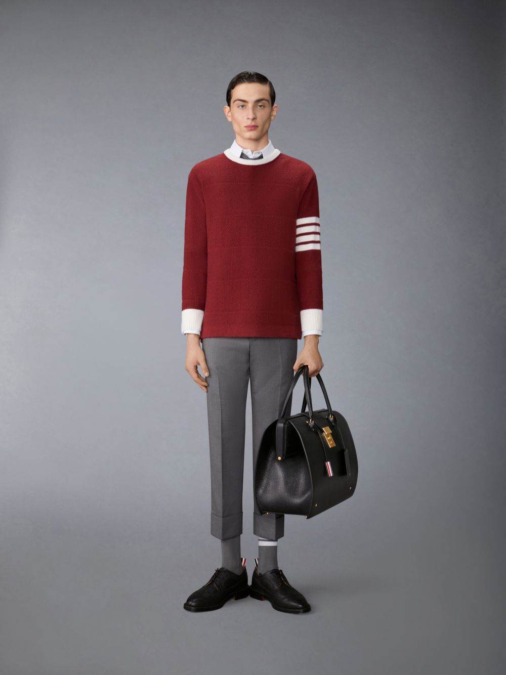 Thom Browne Merino Wool 4-Bar Textured Rugby Stripe Crew Neck Men Pullover Red | CZF05N29658