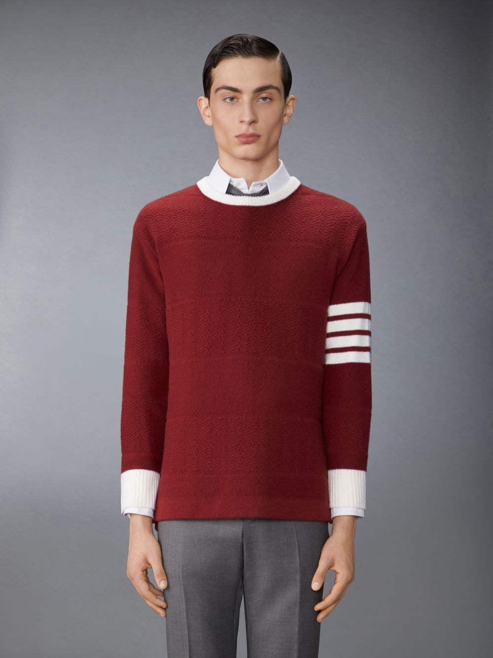 Thom Browne Merino Wool 4-Bar Textured Rugby Stripe Crew Neck Men Pullover Red | CZF05N29658