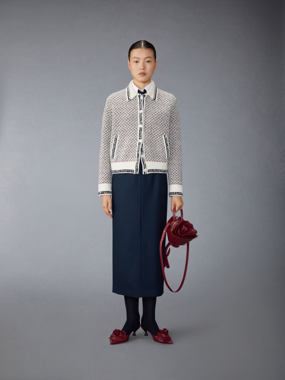 Thom Browne Merino Wool Boucle and Mohair Tweed Jacquard Polo Collar Bomber Women Jackets White | UVL84H48980