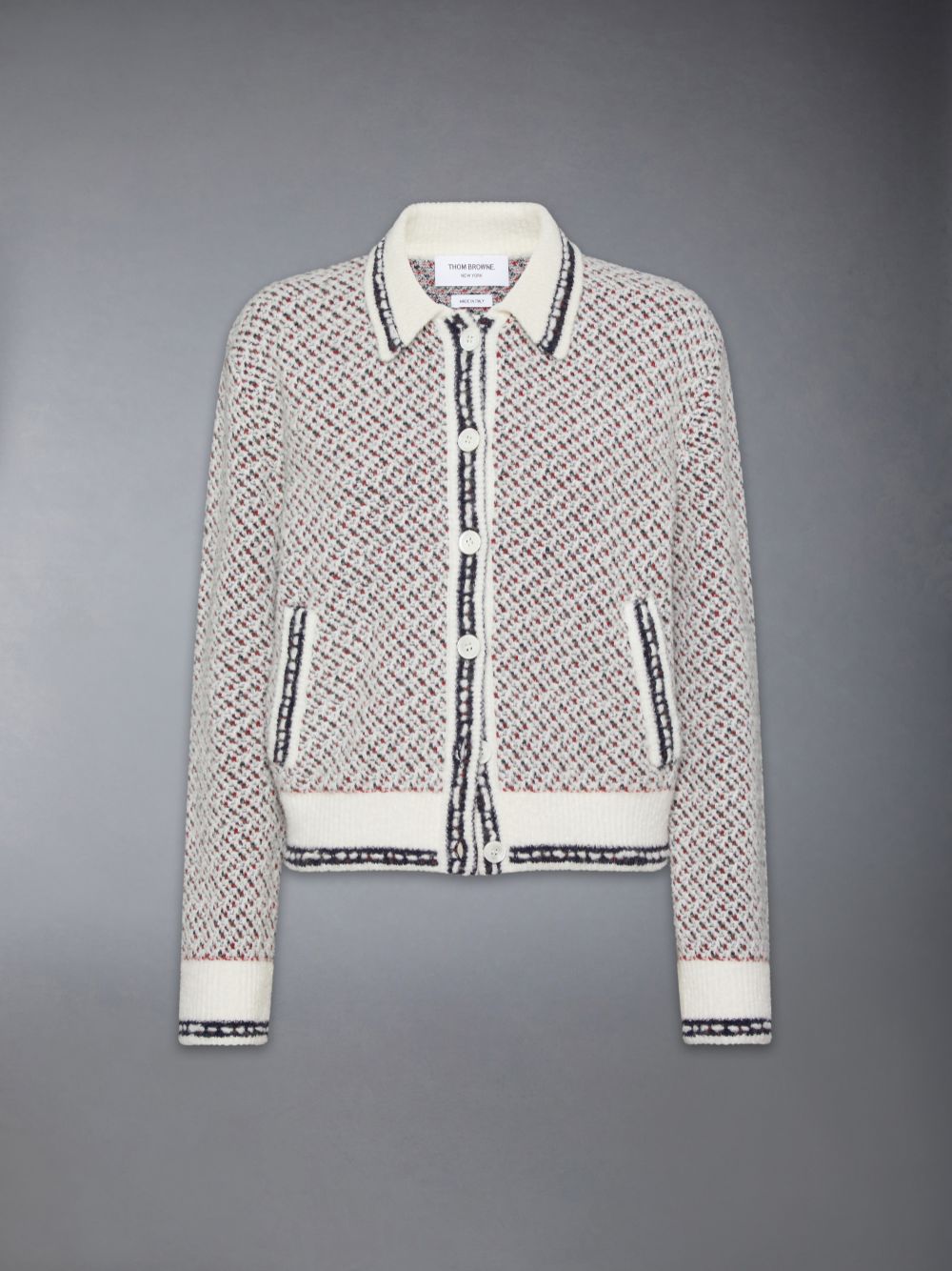 Thom Browne Merino Wool Boucle and Mohair Tweed Jacquard Polo Collar Bomber Women Jackets White | UVL84H48980