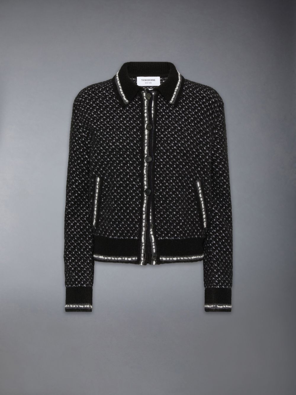 Thom Browne Merino Wool Boucle and Mohair Tweed Jacquard Polo Collar Bomber Women Jackets Black | BGC92F37532