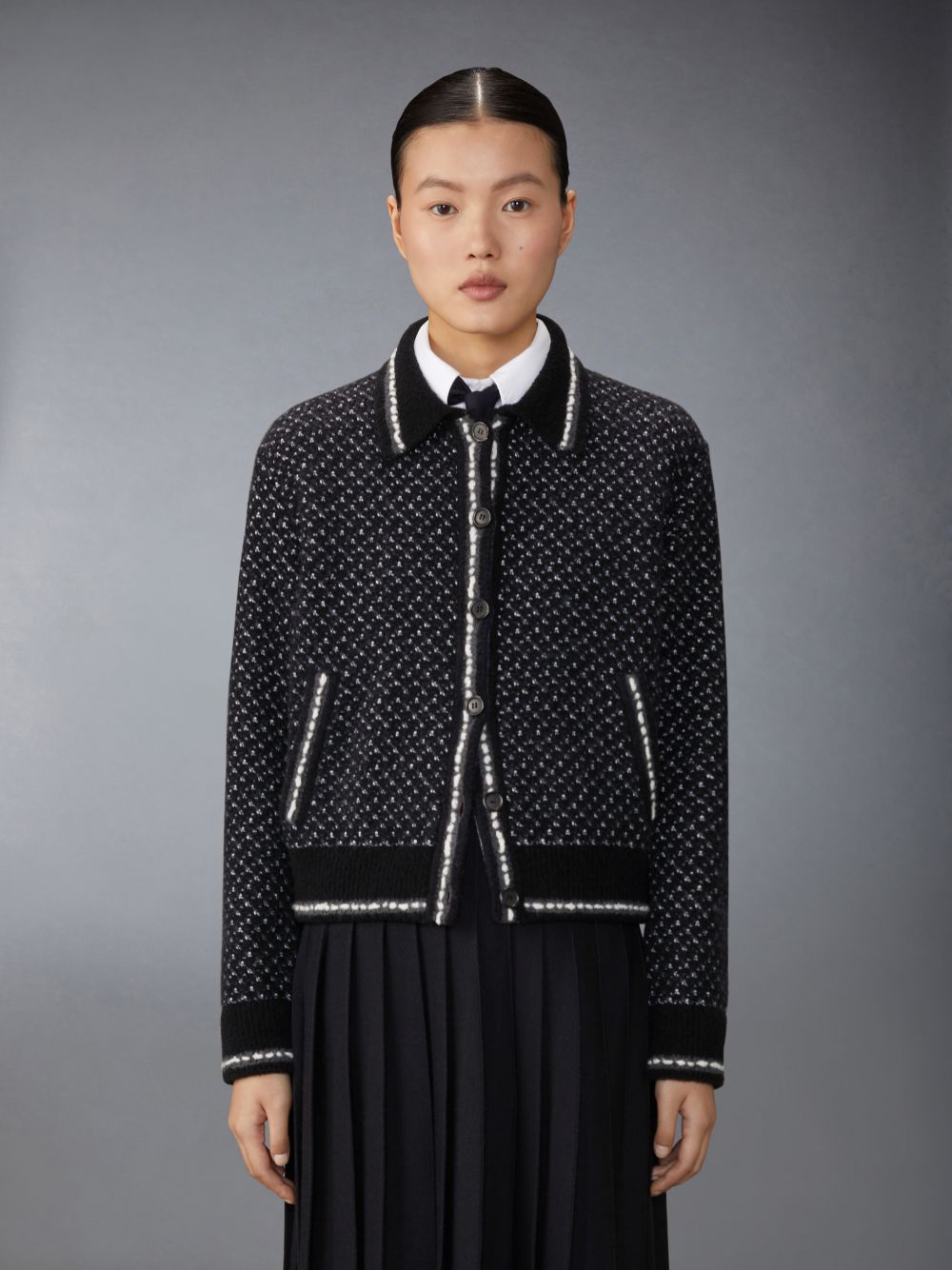 Thom Browne Merino Wool Boucle and Mohair Tweed Jacquard Polo Collar Bomber Women Jackets Black | BGC92F37532