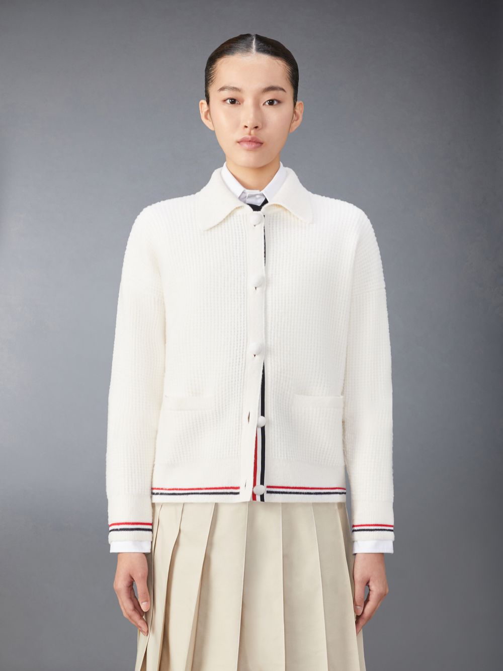 Thom Browne Merino Wool Brushed Tuck Stitch Polo Women Cardigan White | UCH73A25801