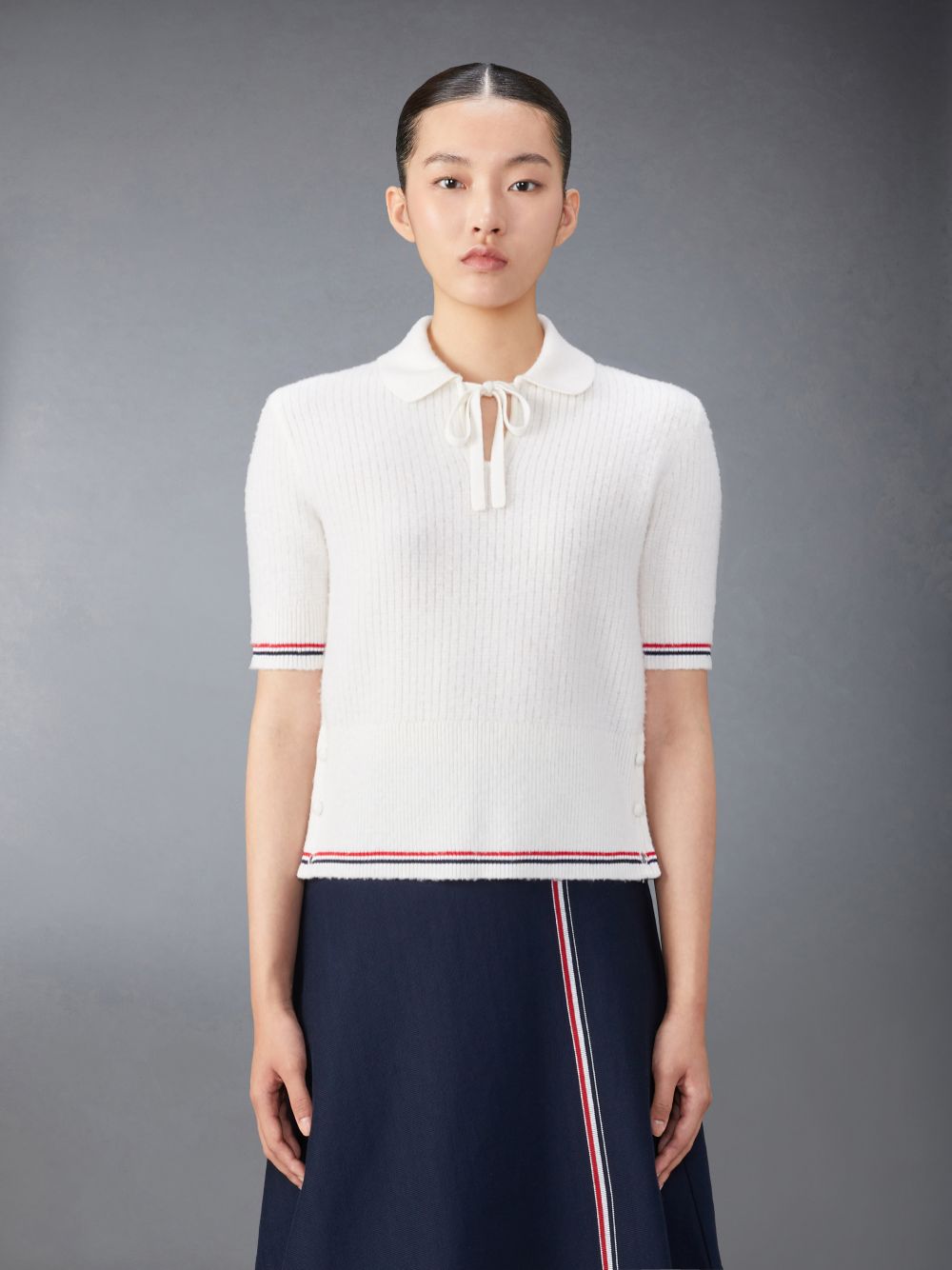 Thom Browne Merino Wool Brushed Tuck Stitch Keyhole Women Polo Shirt White | RCL19S18918