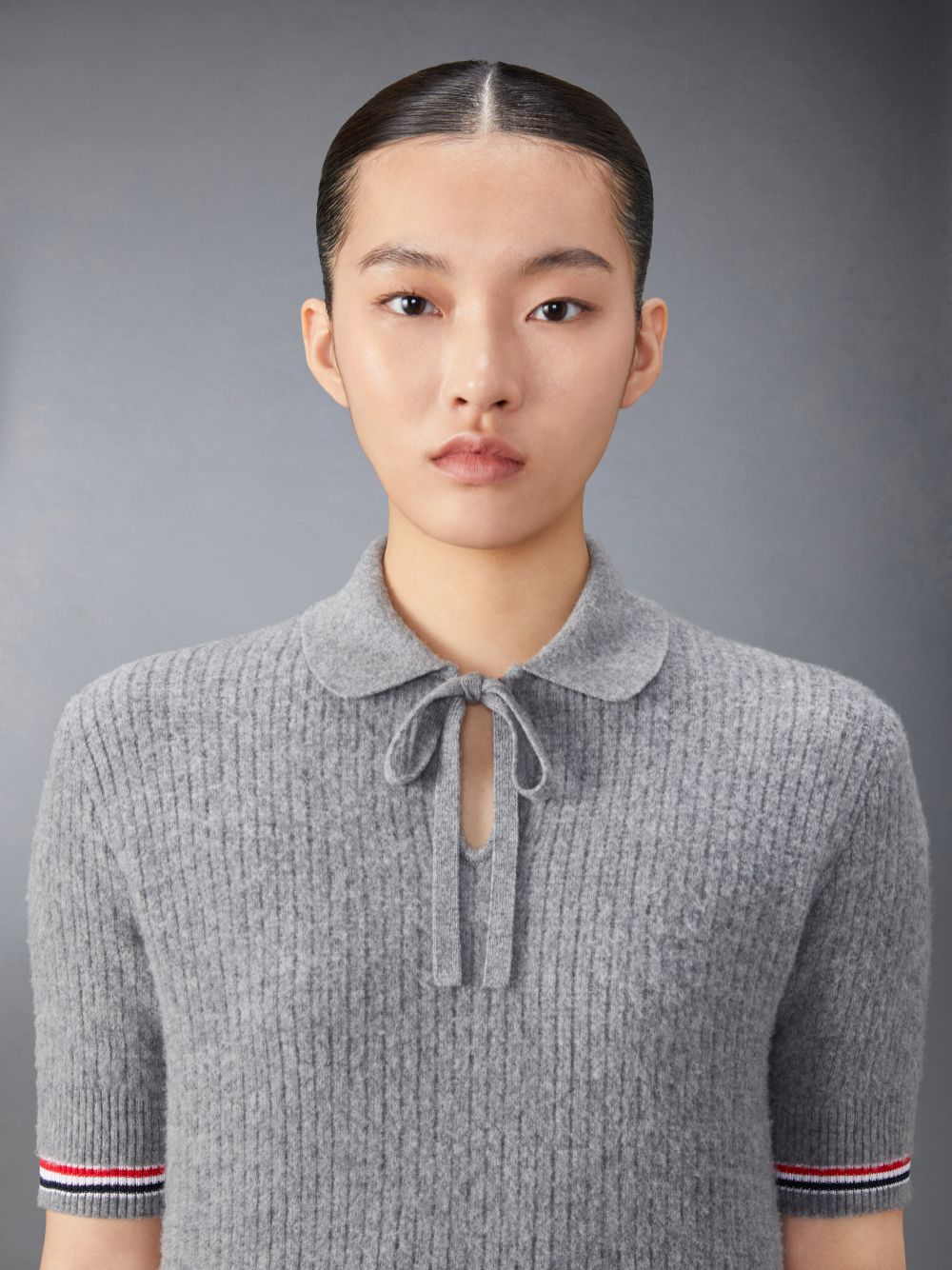 Thom Browne Merino Wool Brushed Tuck Stitch Keyhole Women Polo Shirt Grey | QDW59R68554