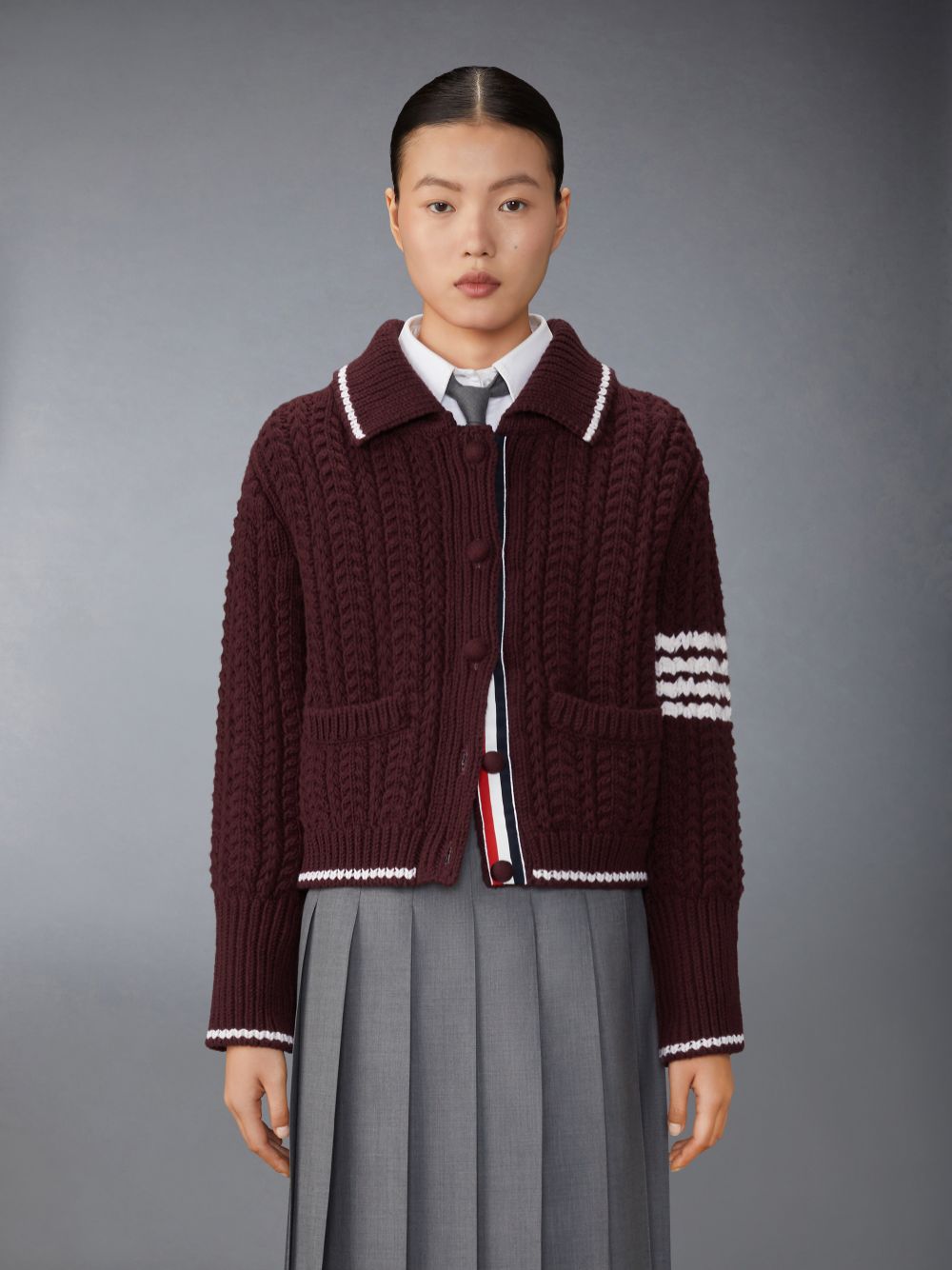 Thom Browne Merino Wool Chunky Links Stitch 4-Bar Polo Cardigan Women Jackets Red | OVB31B06109