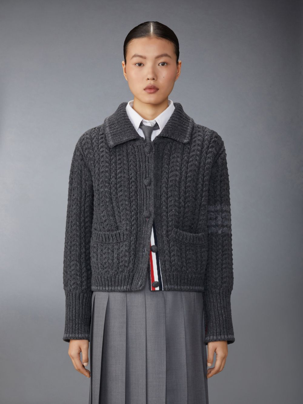 Thom Browne Merino Wool Chunky Links Stitch 4-Bar Polo Cardigan Women Jackets Grey | UJR64I38210