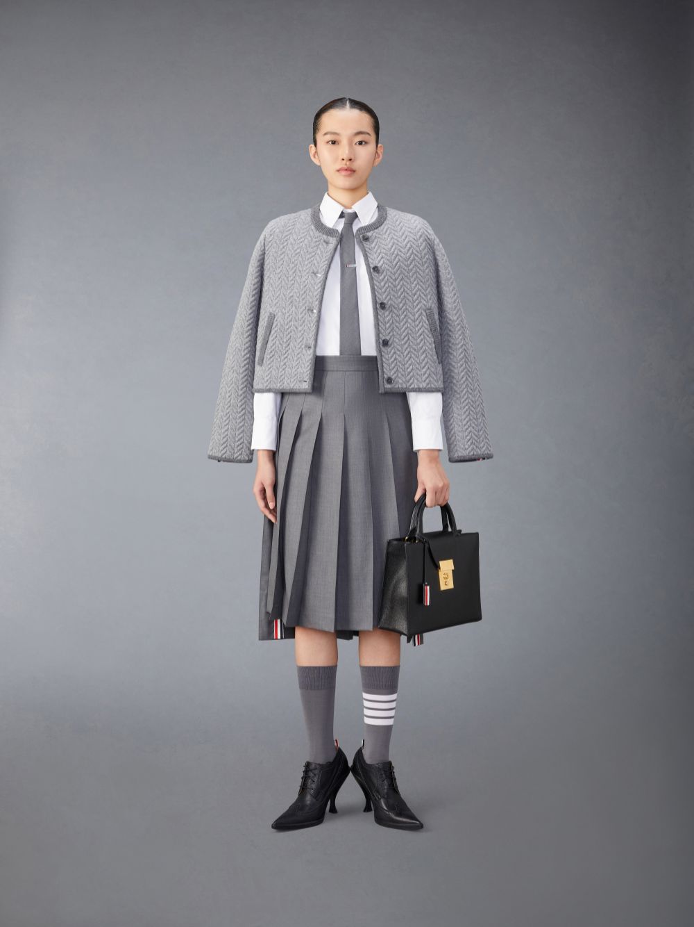 Thom Browne Merino Wool Herringbone Quilted Cropped Cardigan Women Jackets Grey | CJX80Y54081