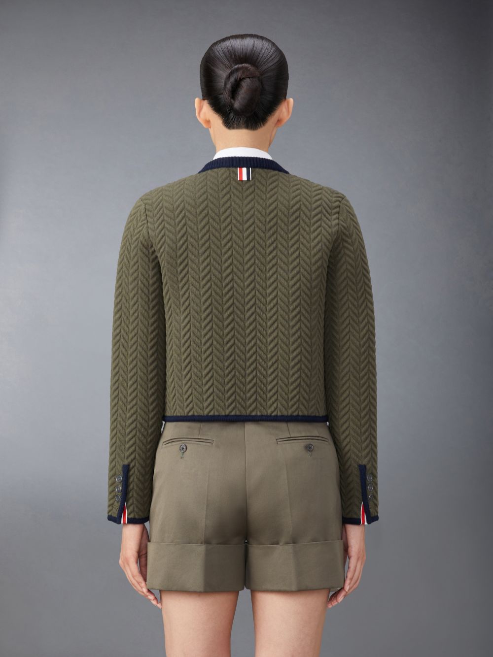 Thom Browne Merino Wool Herringbone Quilted Cropped Cardigan Women Jackets Green | DCR68W67925