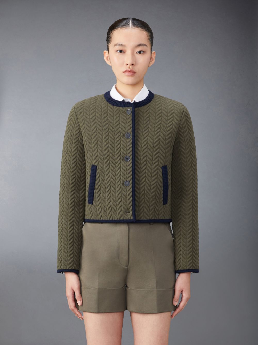 Thom Browne Merino Wool Herringbone Quilted Cropped Cardigan Women Jackets Green | DCR68W67925