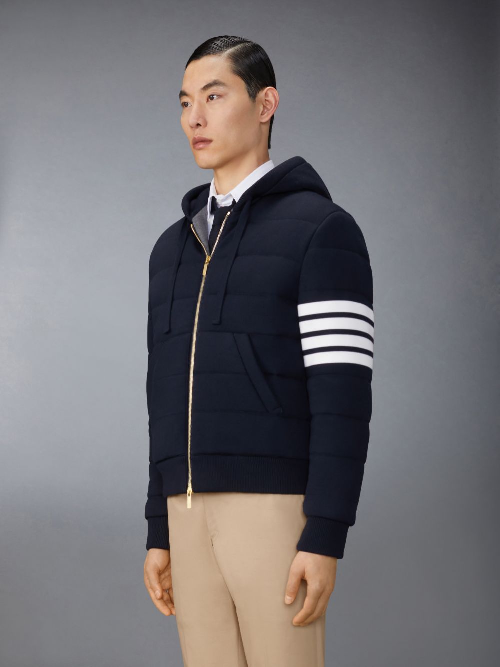 Thom Browne Merino Wool Jersey Stitch Padded 4-Bar Zip up Hoodie Men Jackets Blue | RAN53I76950