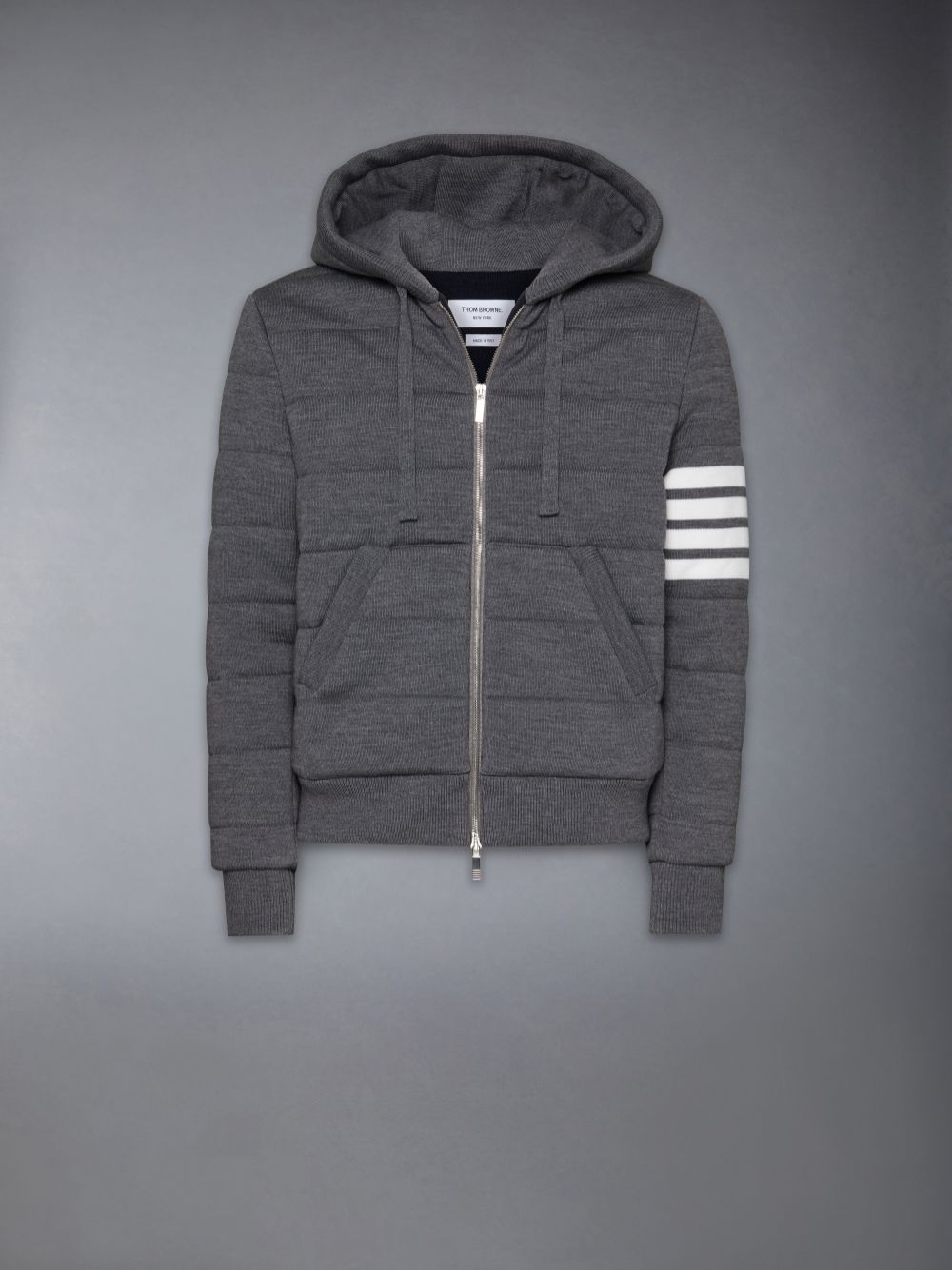 Thom Browne Merino Wool Jersey Stitch Padded 4-Bar Zip up Hoodie Men Jackets Grey | RSX01D72498