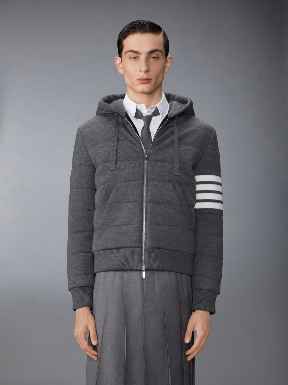 Thom Browne Merino Wool Jersey Stitch Padded 4-Bar Zip up Hoodie Men Jackets Grey | RSX01D72498