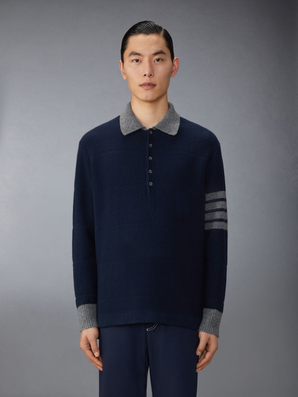 Thom Browne Merino Wool Textured Rugby Stripe 4-Bar Men Polo Shirt Blue | XHQ04K50950